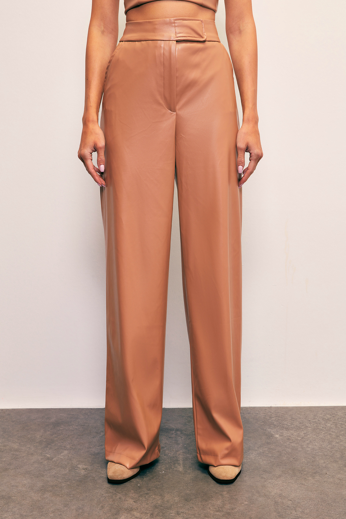 Wide Leg Leather Trousers - BEIGE
