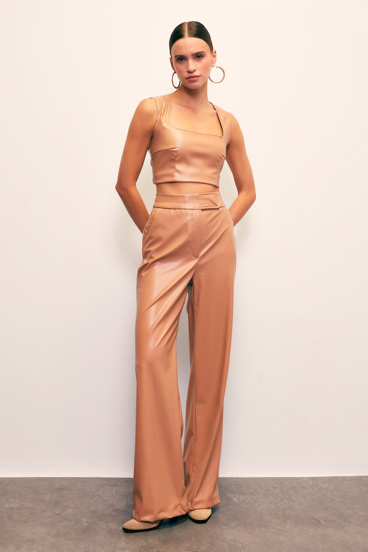 Wide Leg Leather Trousers - BEIGE