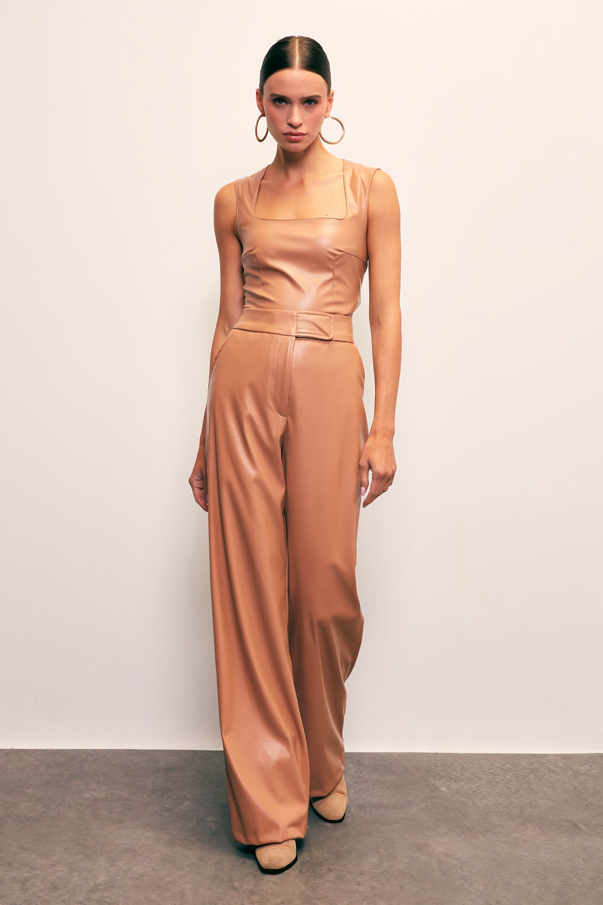 Wide Leg Leather Trousers - BEIGE