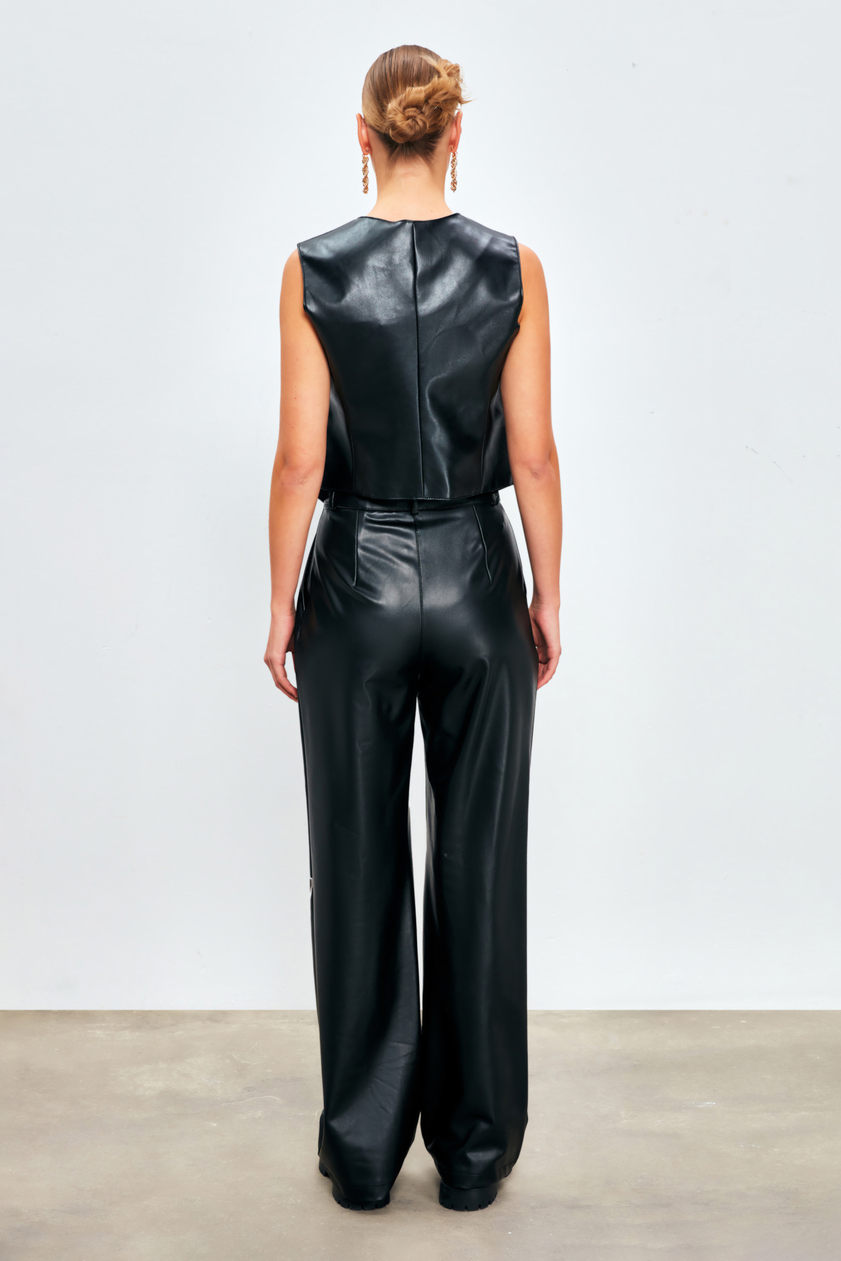 Bol Paça Deri Pantolon - SİYAH