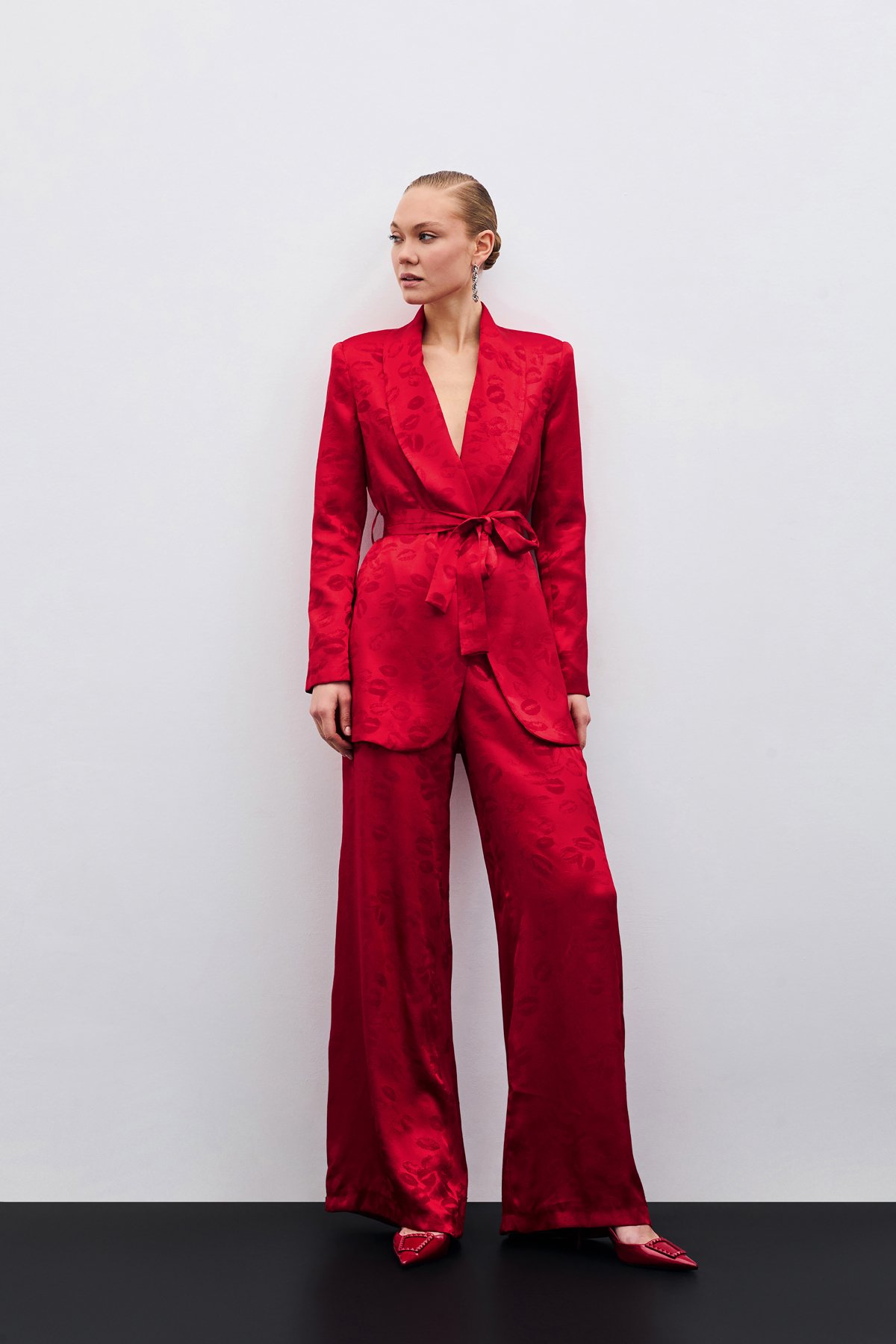 Bol Paça Desenli Pantolon - Kırmızı