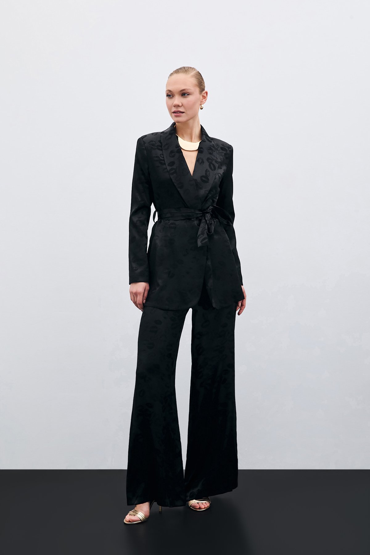 Wide Leg Patterned Trousers - Black