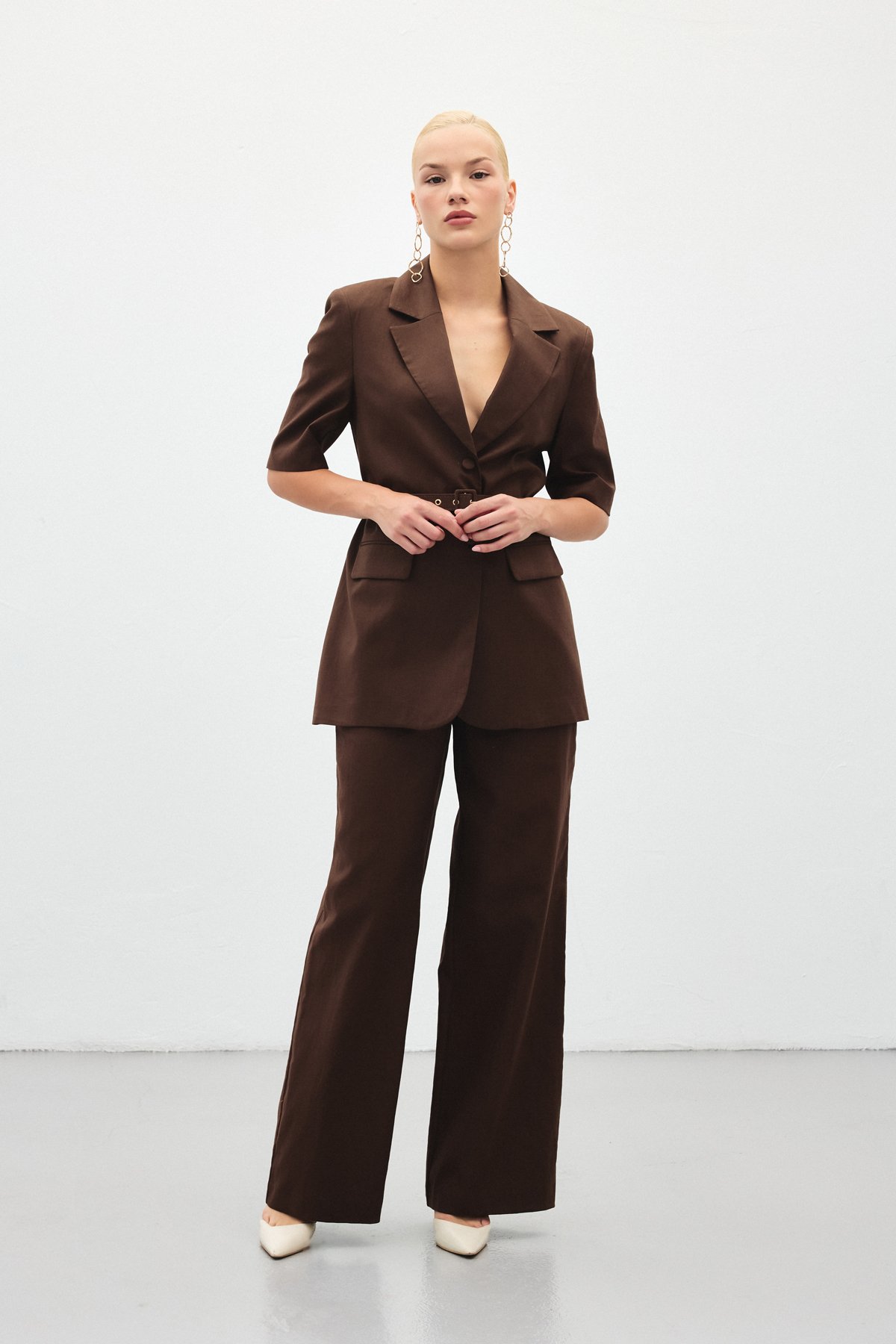 Bol Paça Keten Pantolon - Kahve