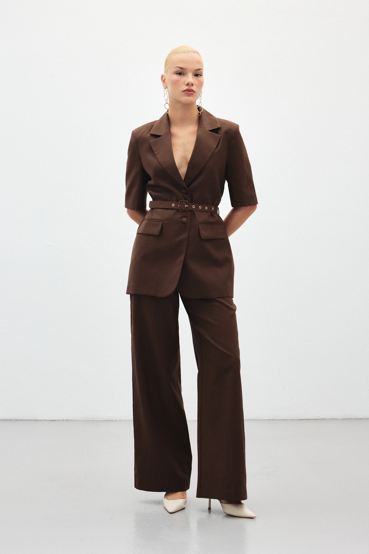 Bol Paça Keten Pantolon - Kahve