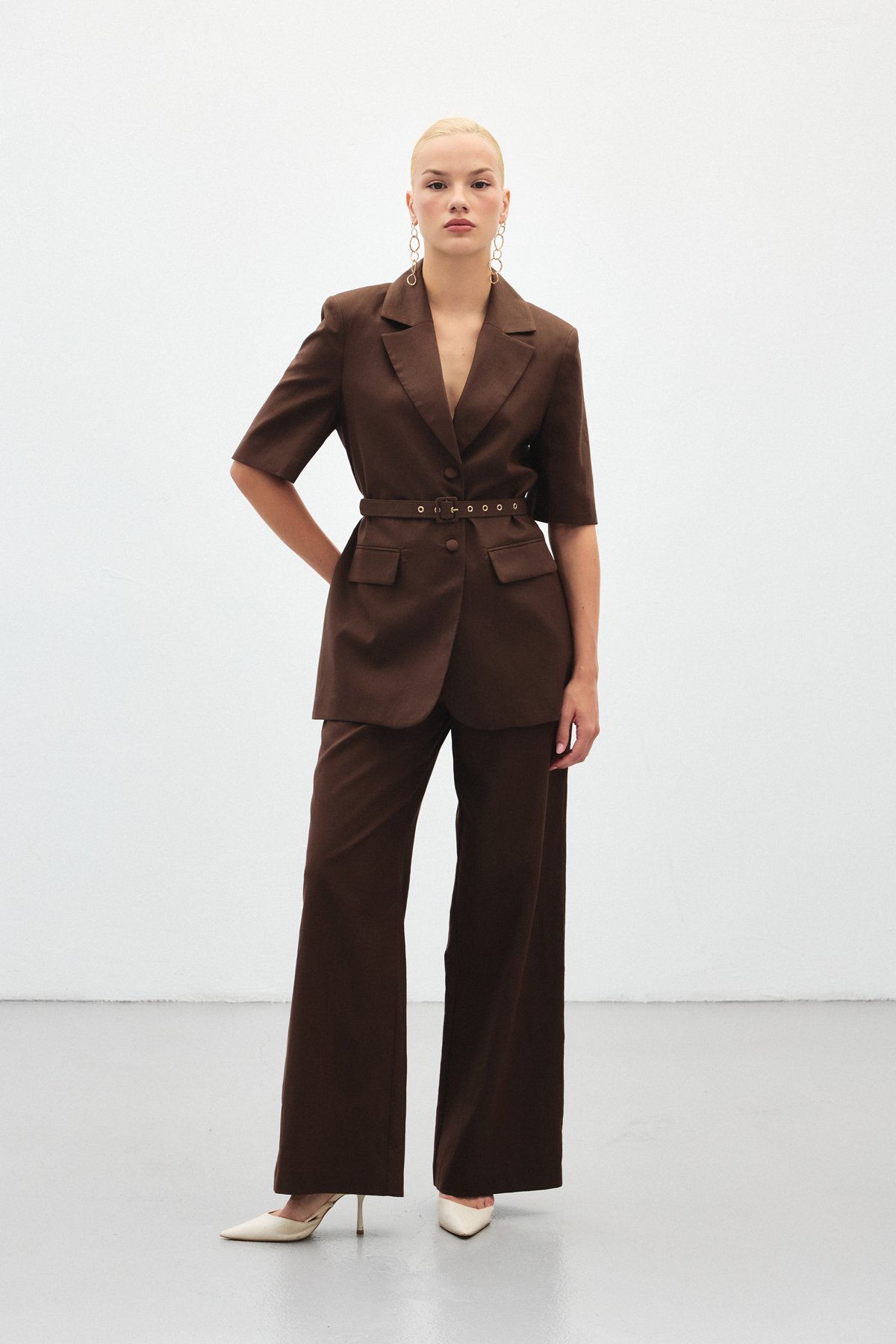 Bol Paça Keten Pantolon - Kahve