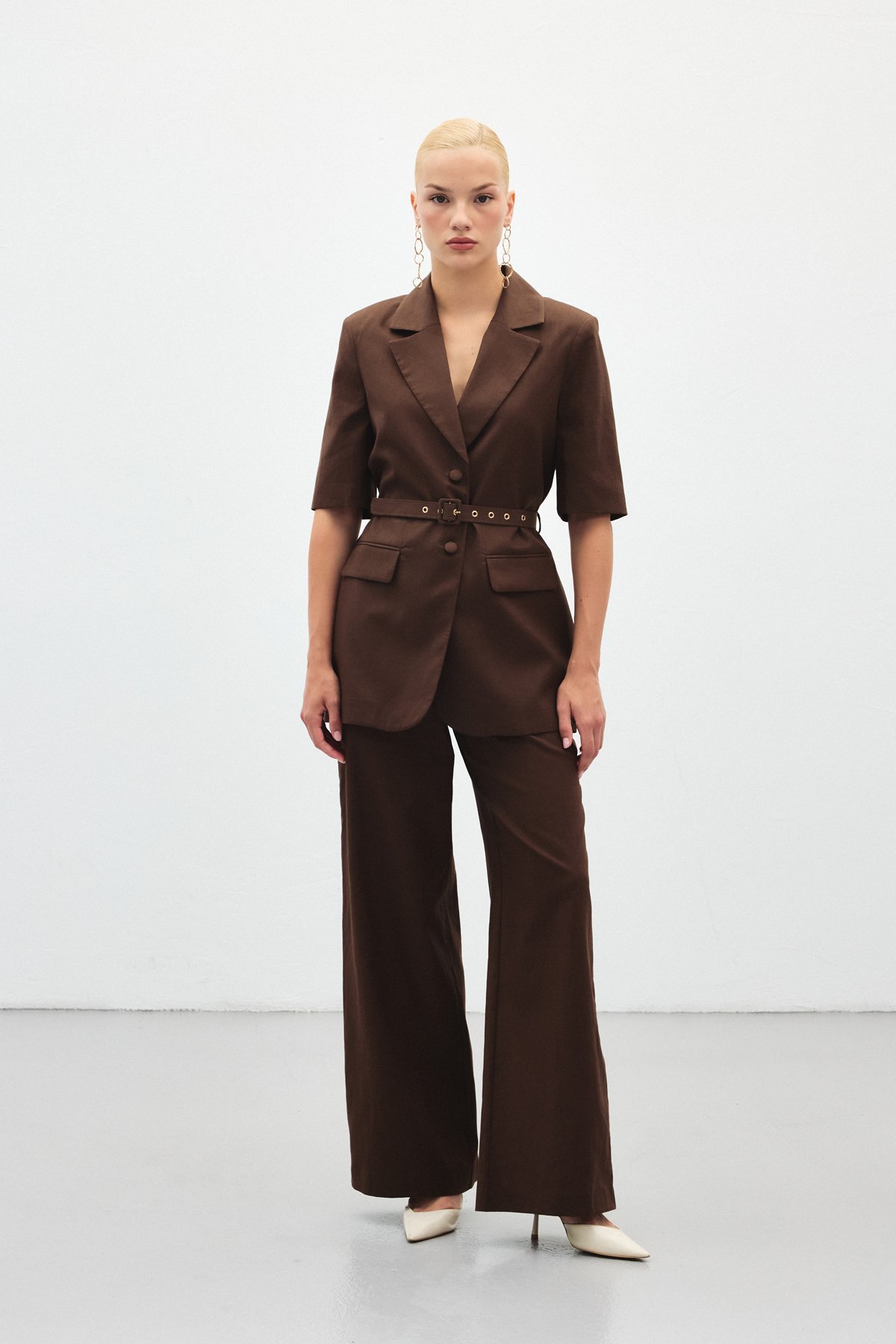 Bol Paça Keten Pantolon - Kahve