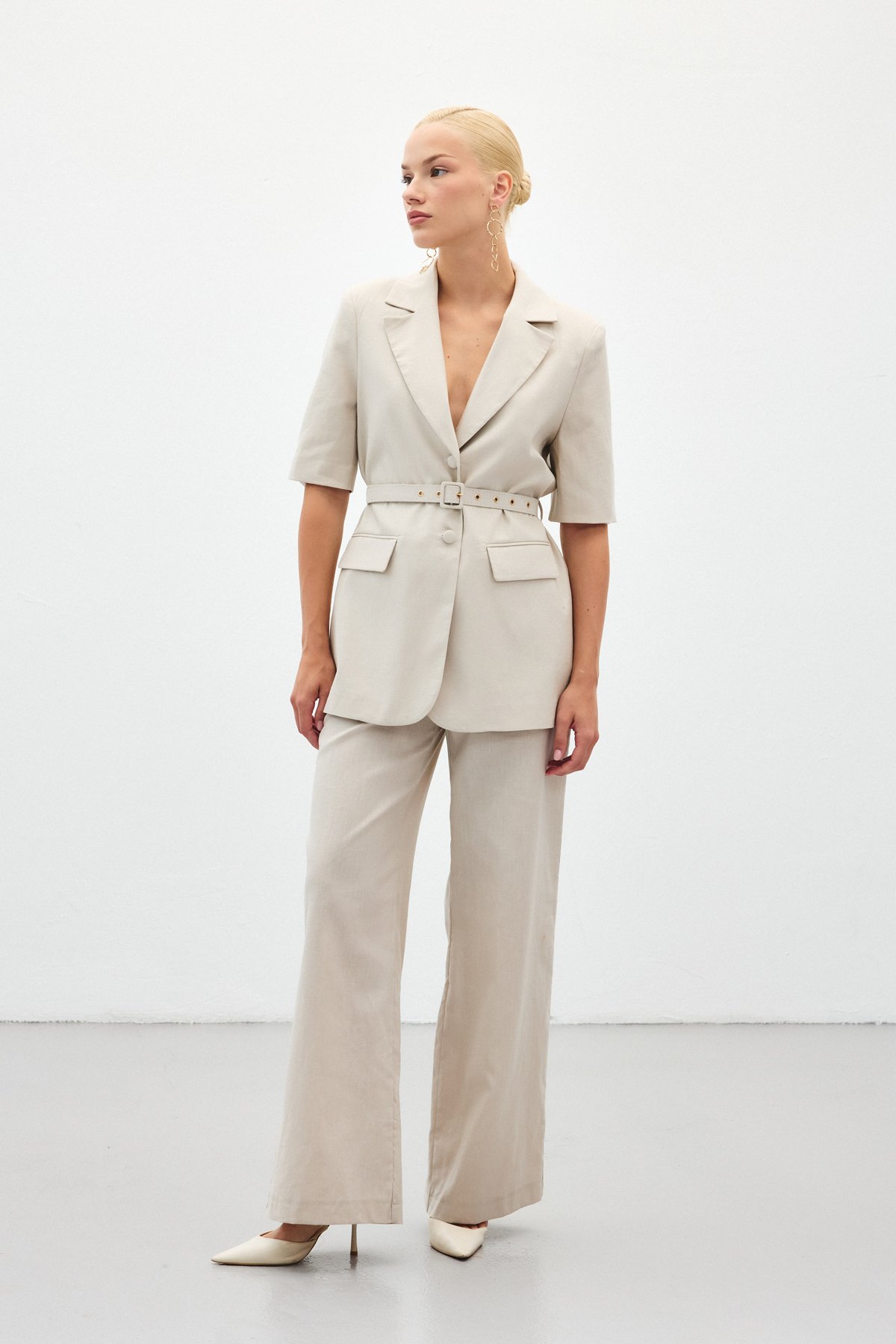 Bol Paça Keten Pantolon - Taş