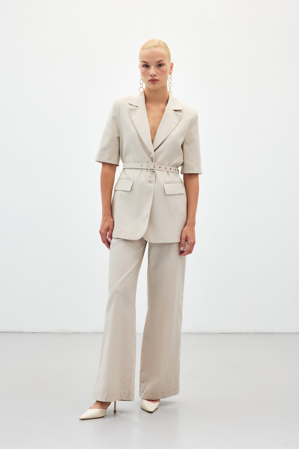 Bol Paça Keten Pantolon - Taş