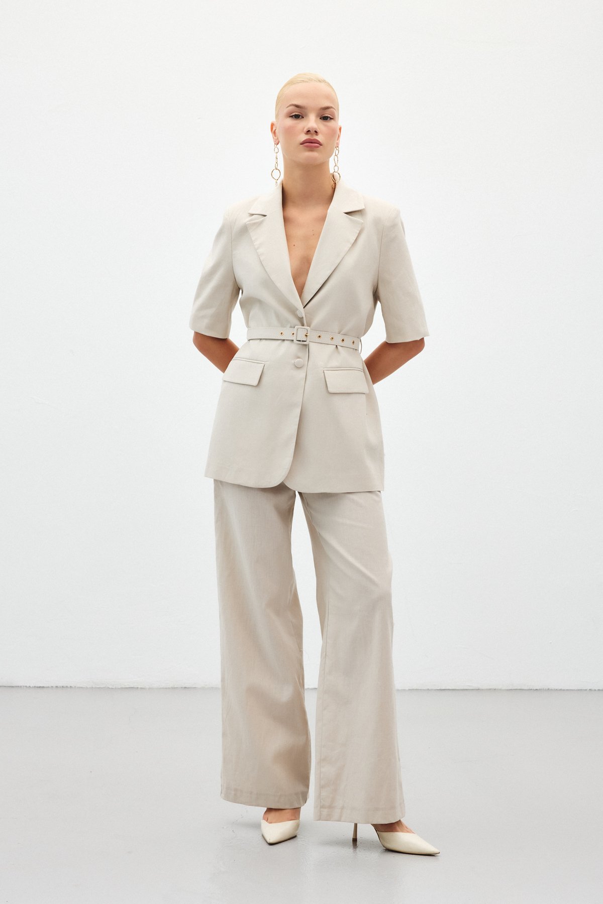 Bol Paça Keten Pantolon - Taş