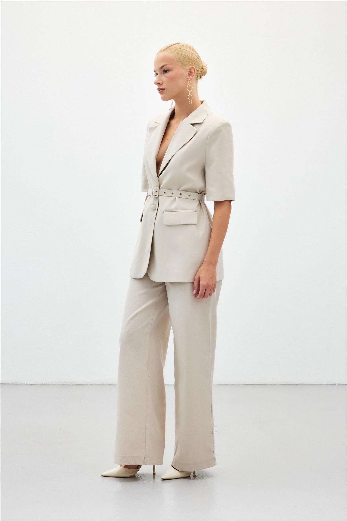 Bol Paça Keten Pantolon - Taş