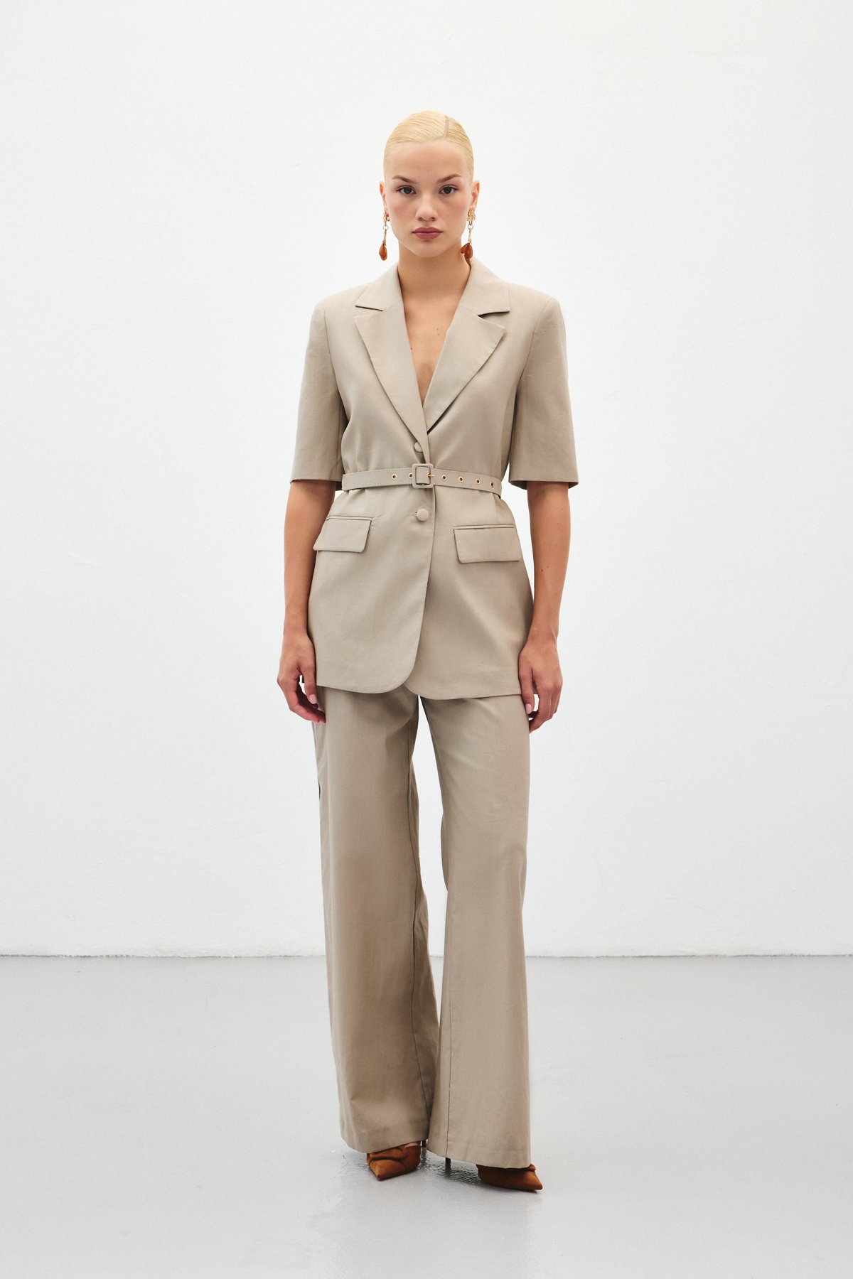 Bol Paça Keten Pantolon - Vizon