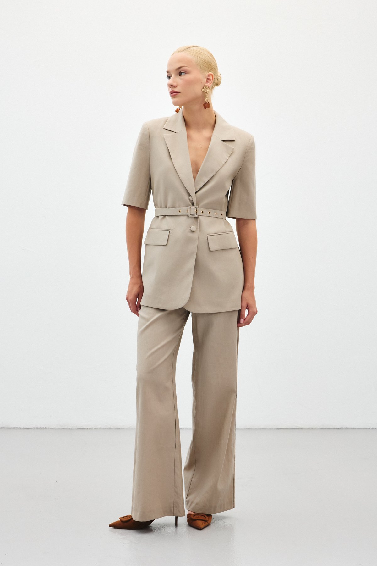 Bol Paça Keten Pantolon - Vizon