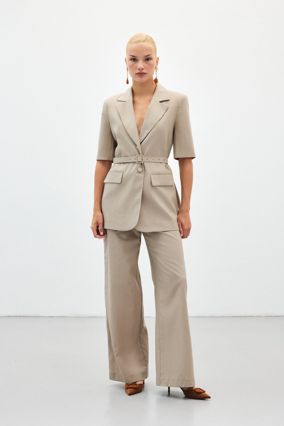 Bol Paça Keten Pantolon - Vizon