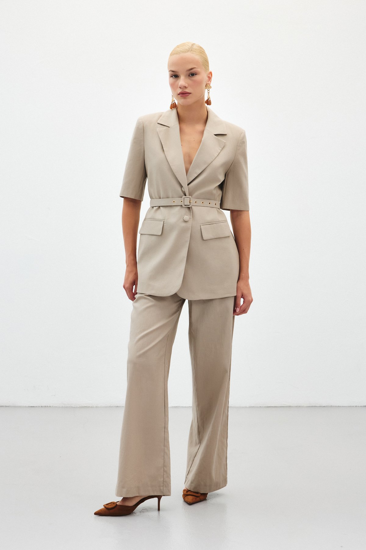 Bol Paça Keten Pantolon - Vizon