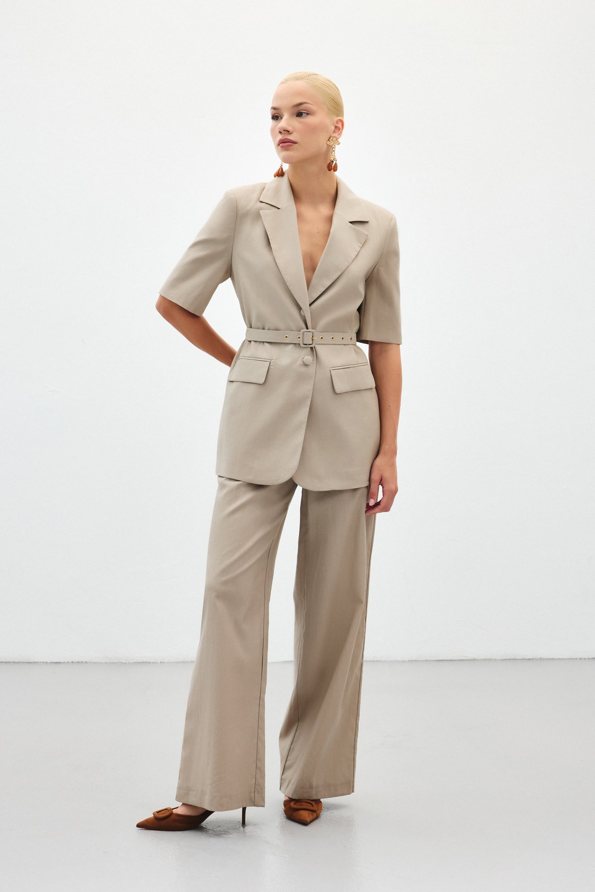 Bol Paça Keten Pantolon - Vizon