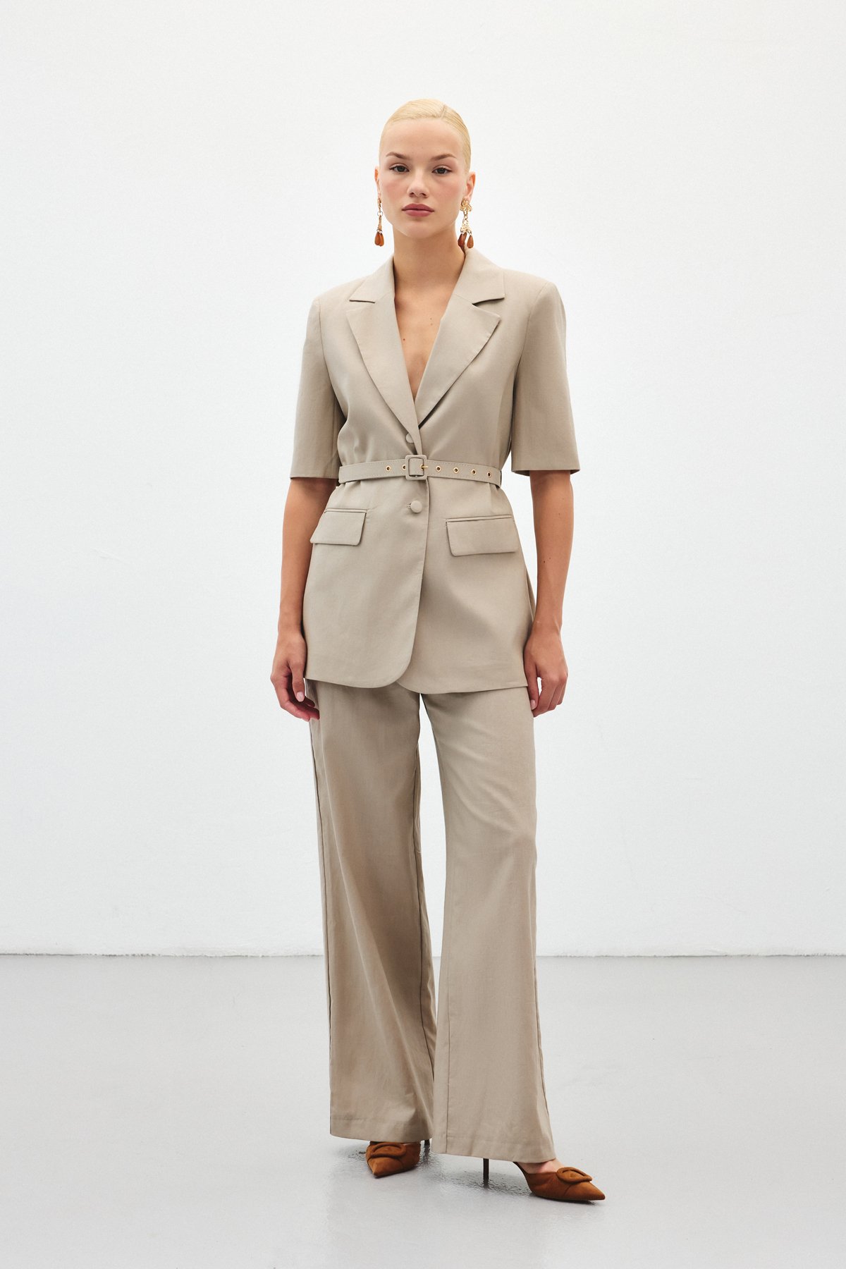 Bol Paça Keten Pantolon - Vizon