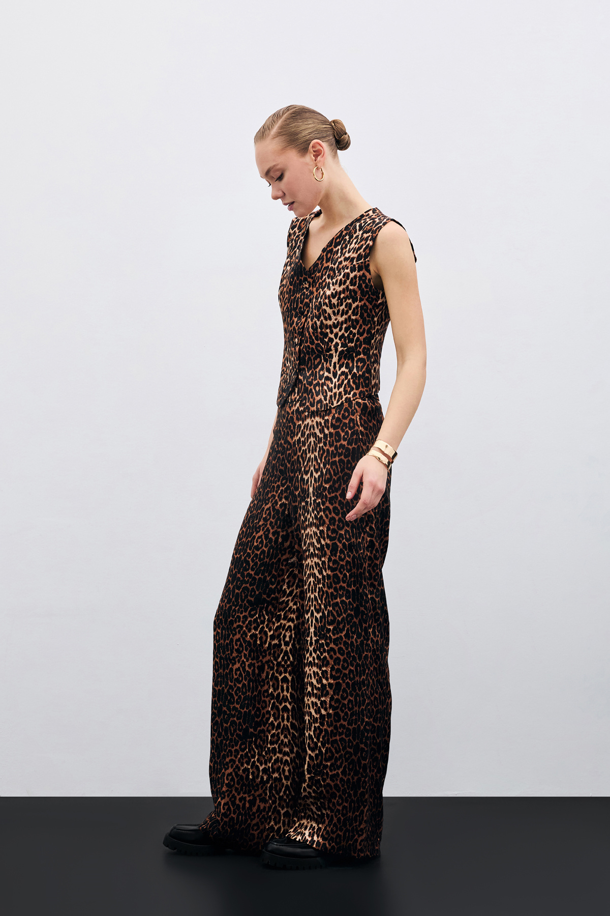 Bol Paça Leopar Pantolon - Siyah