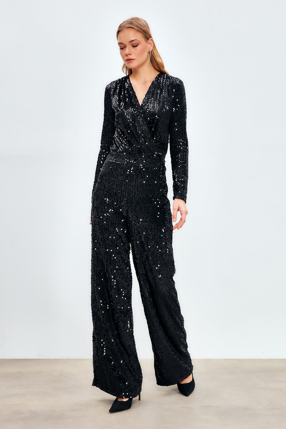 Bol Paça Payetli Pantolon - SİYAH