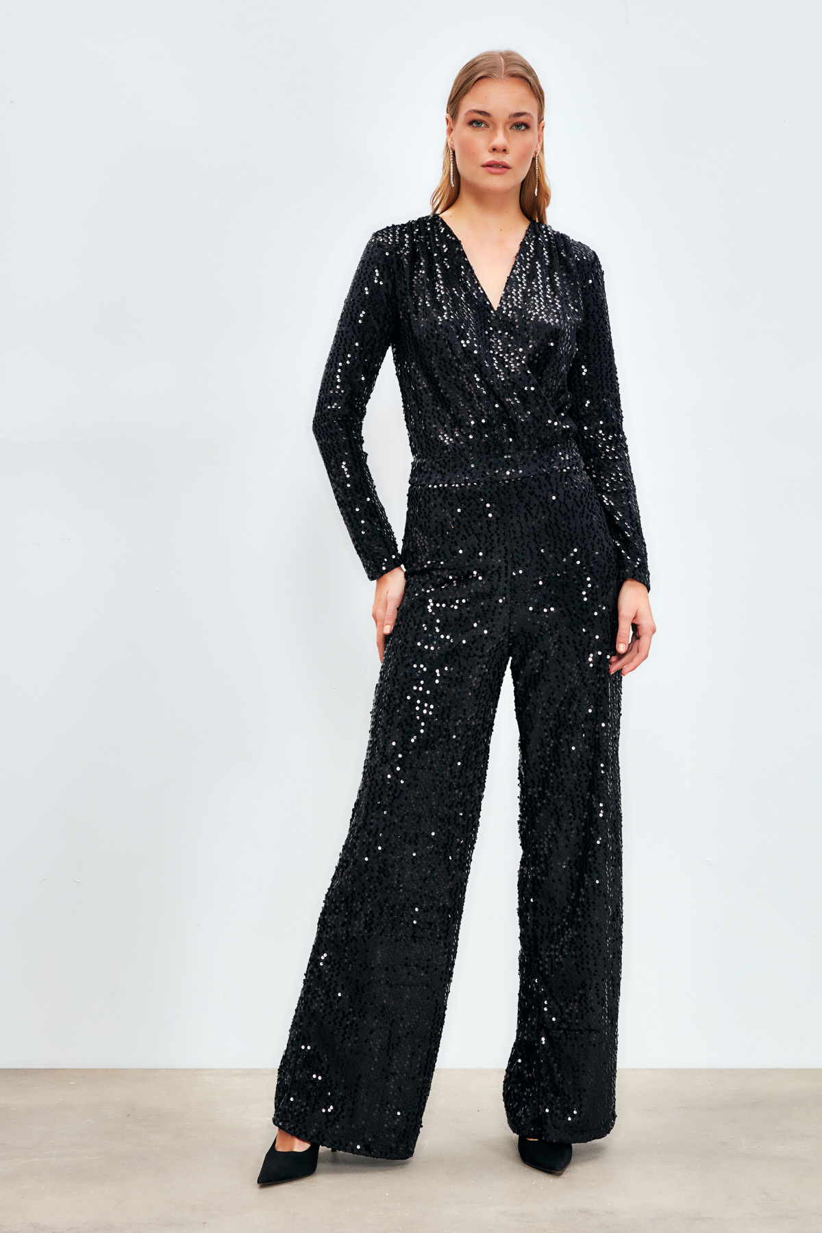 Bol Paça Payetli Pantolon - SİYAH