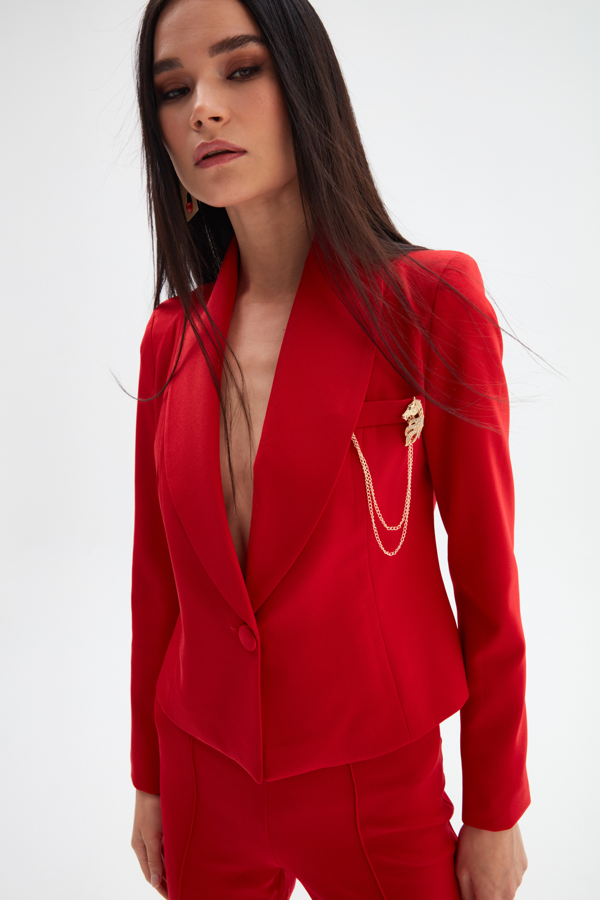 Broş Detaylı Kısa Ceket - KIRMIZI