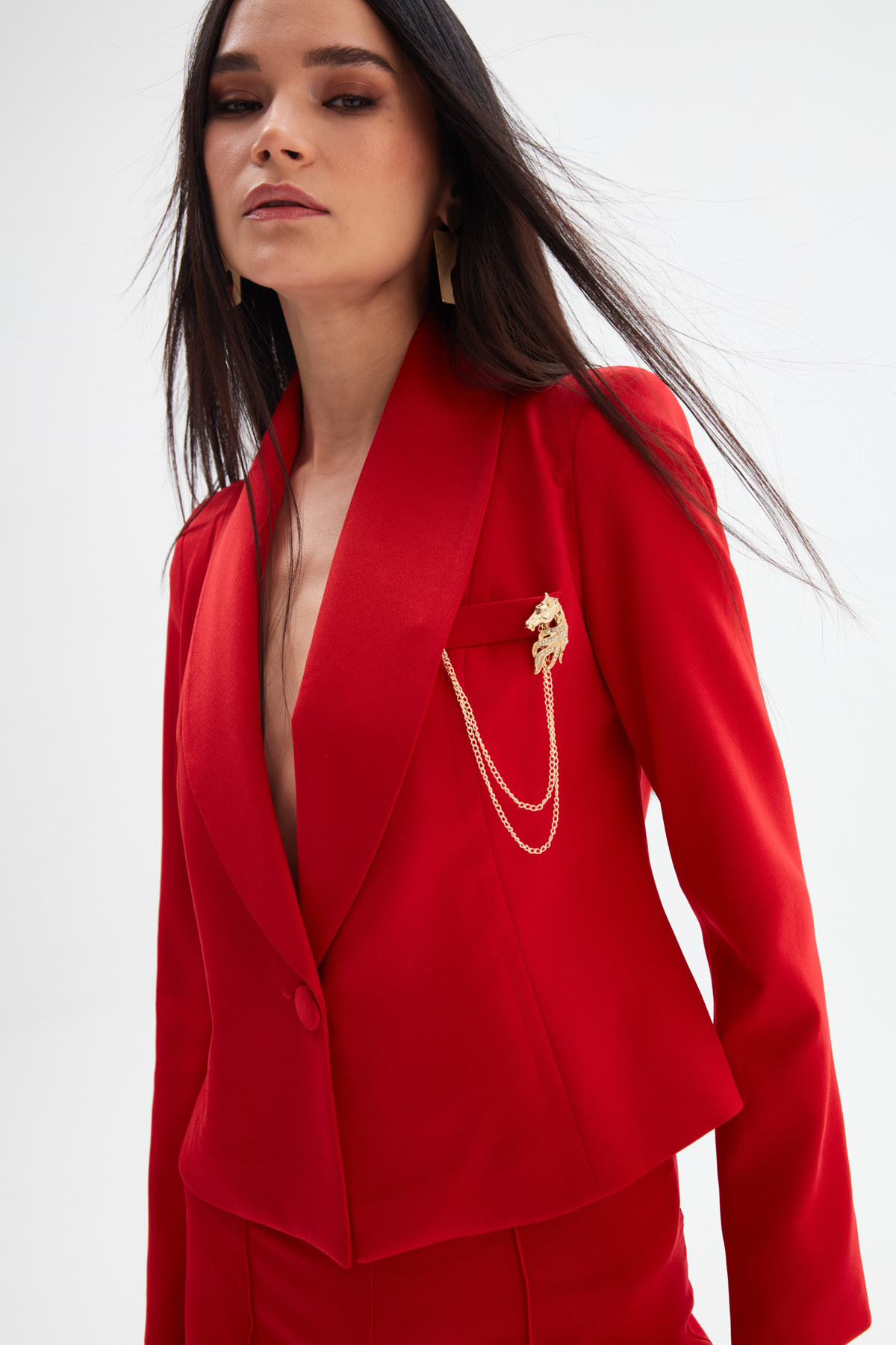 Broş Detaylı Kısa Ceket - KIRMIZI