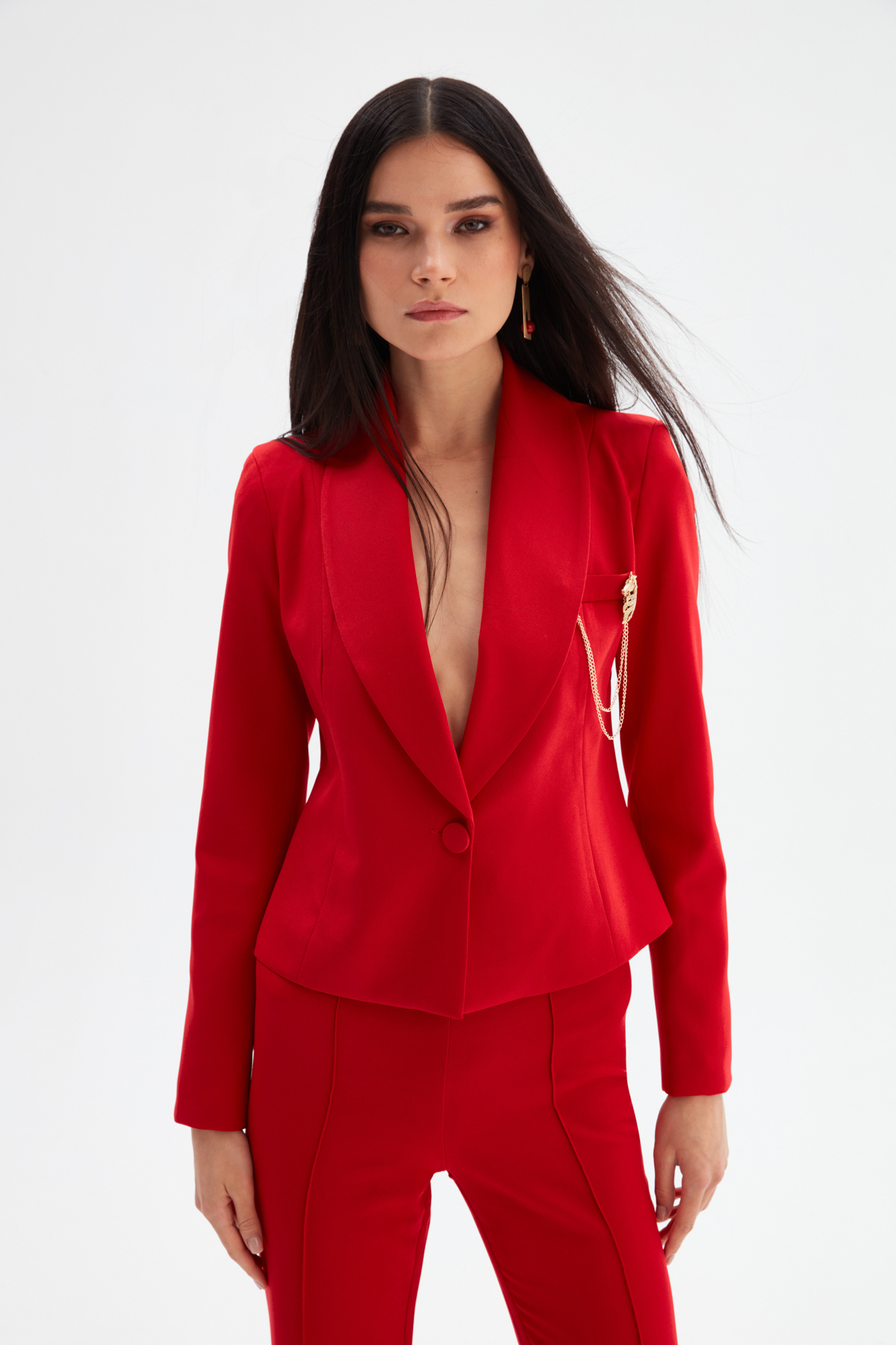 Broş Detaylı Kısa Ceket - KIRMIZI