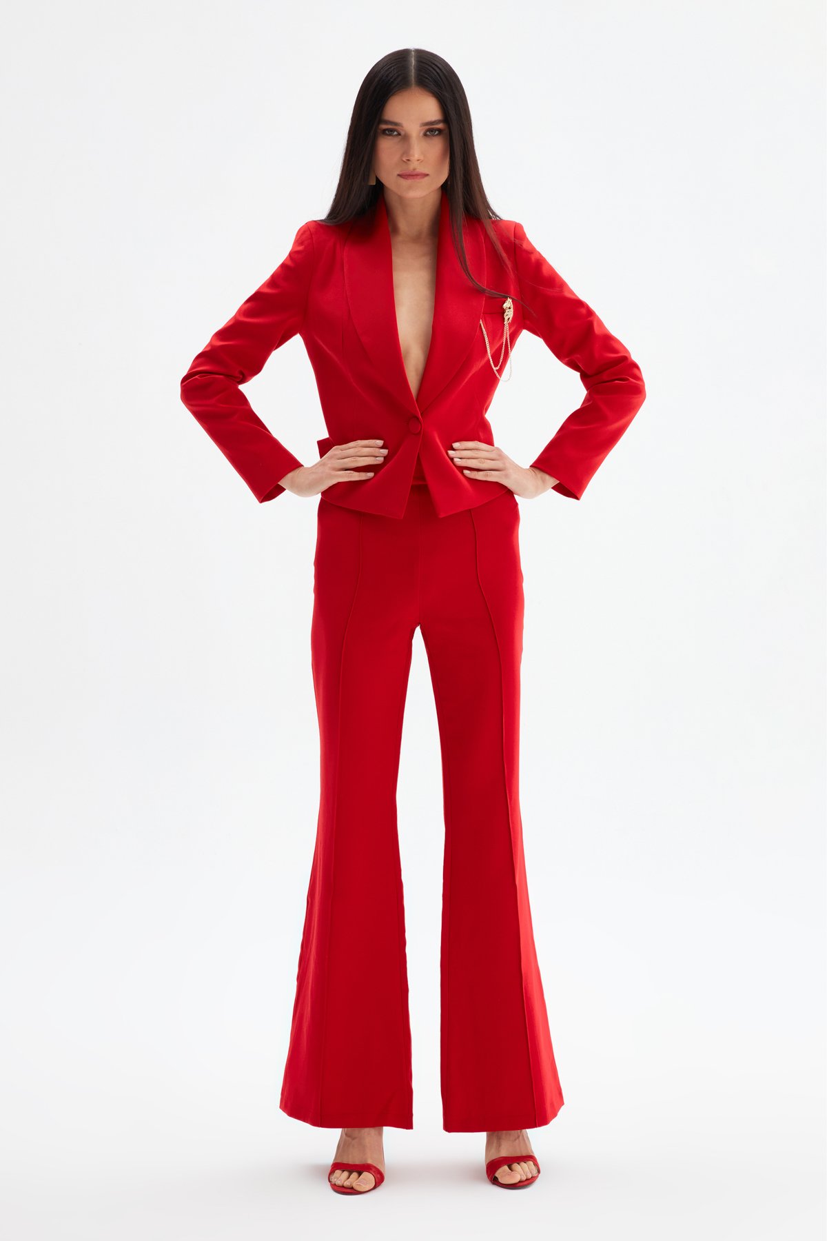 Broş Detaylı Kısa Ceket - KIRMIZI