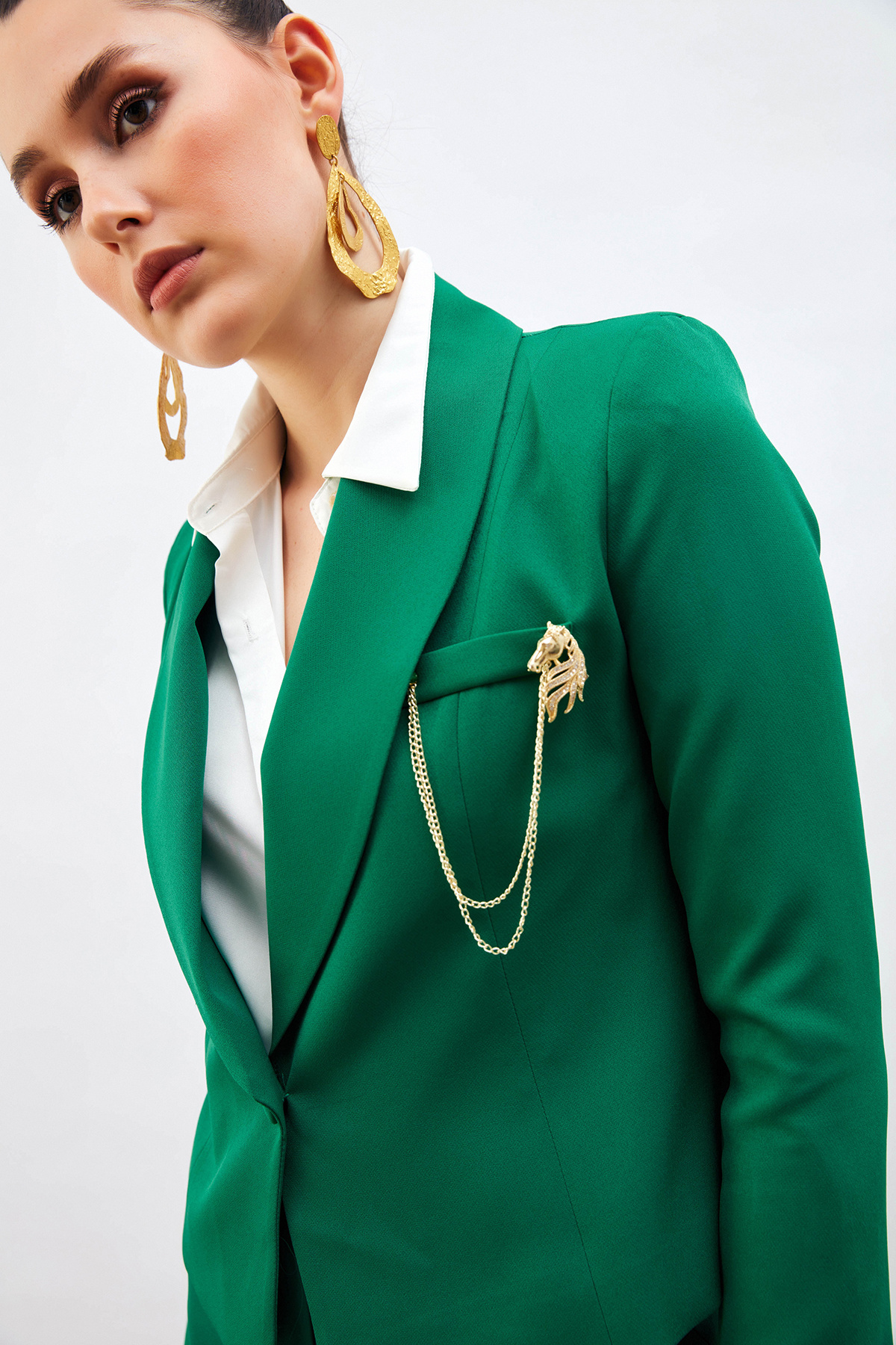 Broş Detaylı Kısa Ceket - YEŞİL