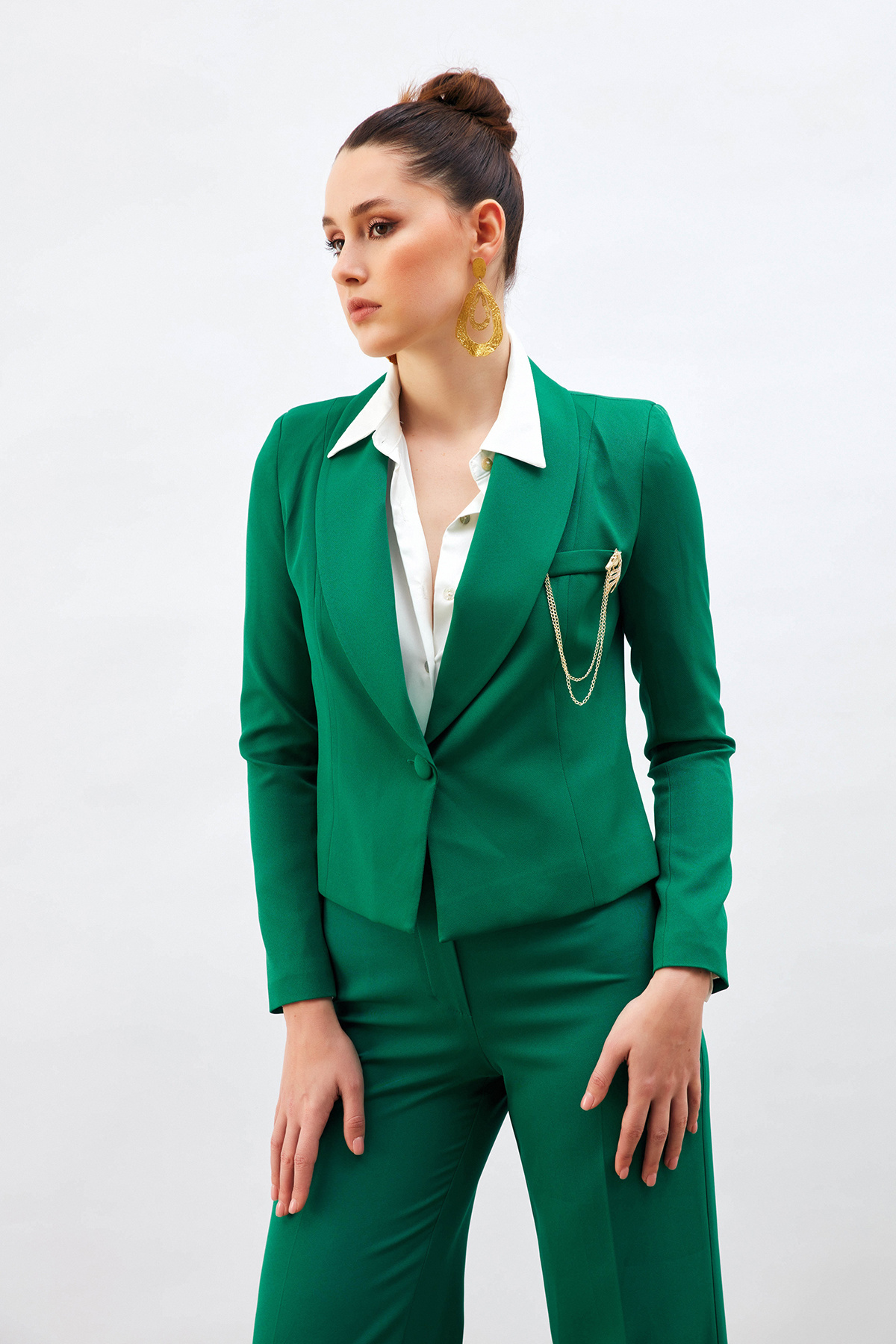 Broş Detaylı Kısa Ceket - YEŞİL