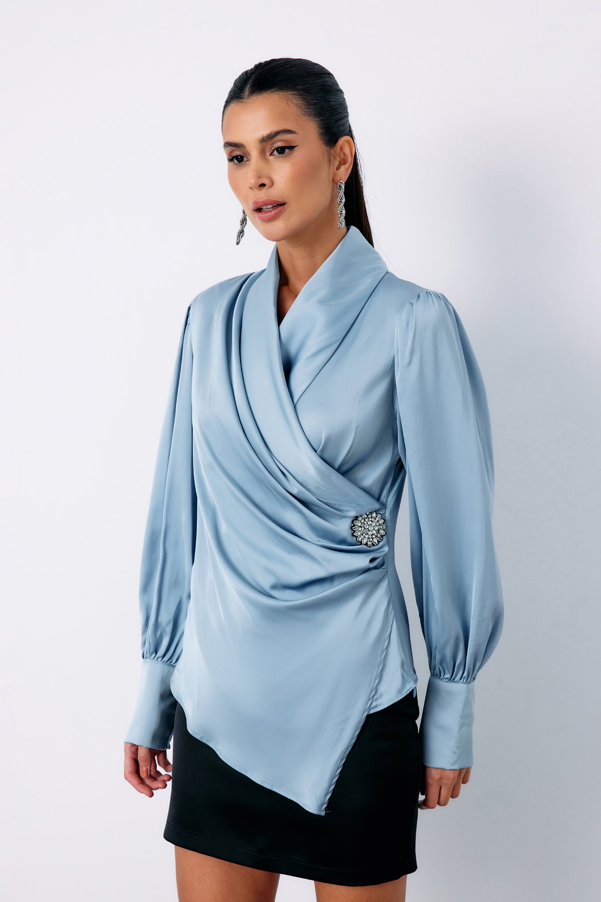 Double Breasted Blouse with Brooch - BEBE BLUE