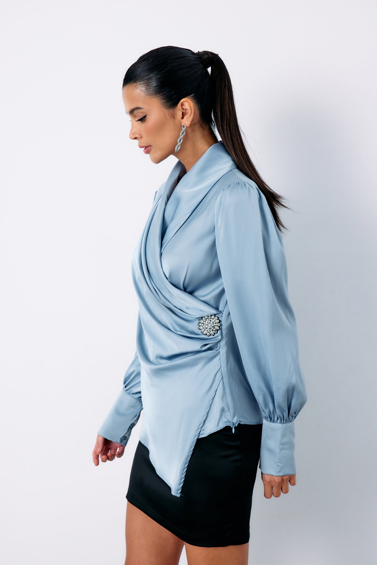 Double Breasted Blouse with Brooch - BEBE BLUE