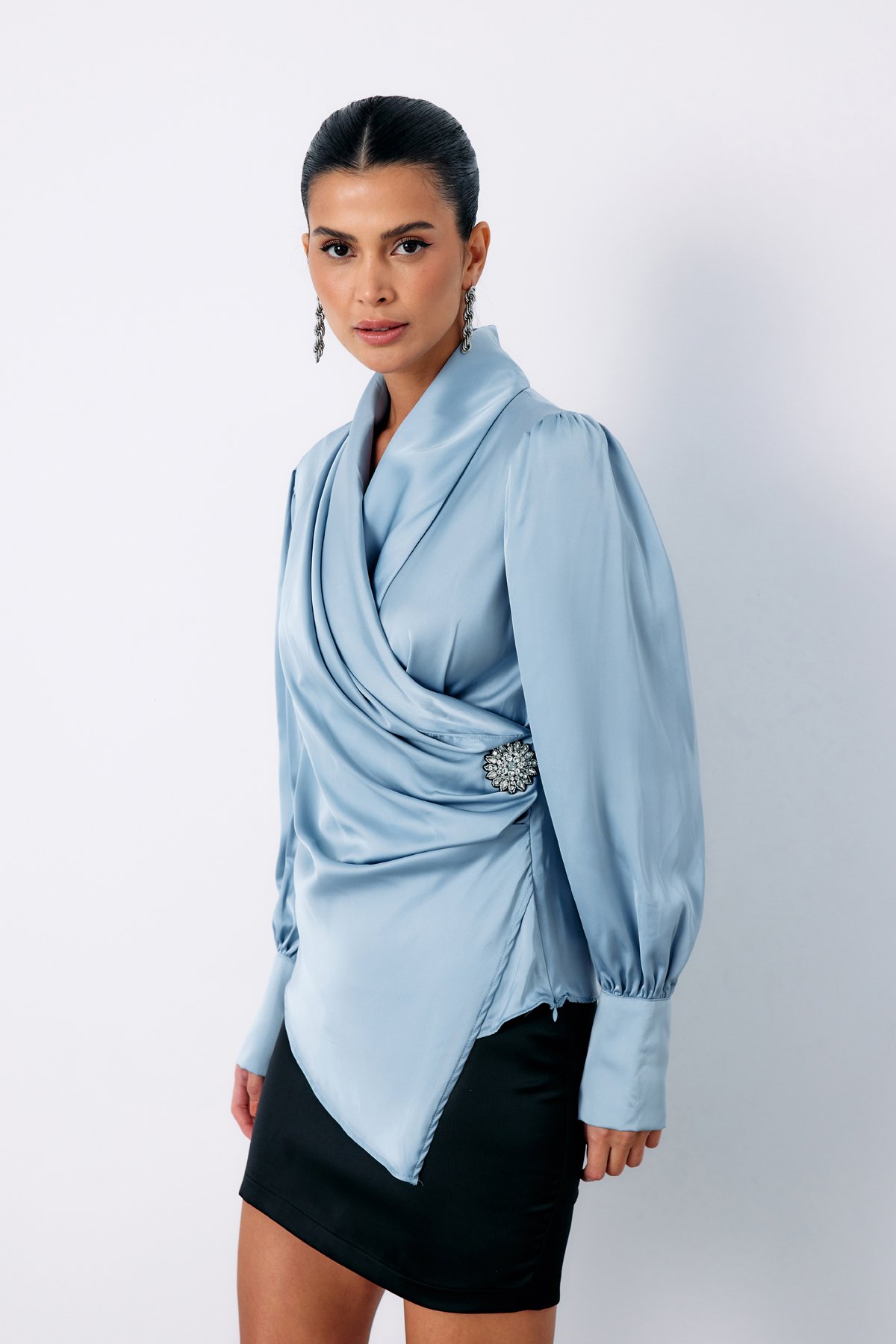 Double Breasted Blouse with Brooch - BEBE BLUE