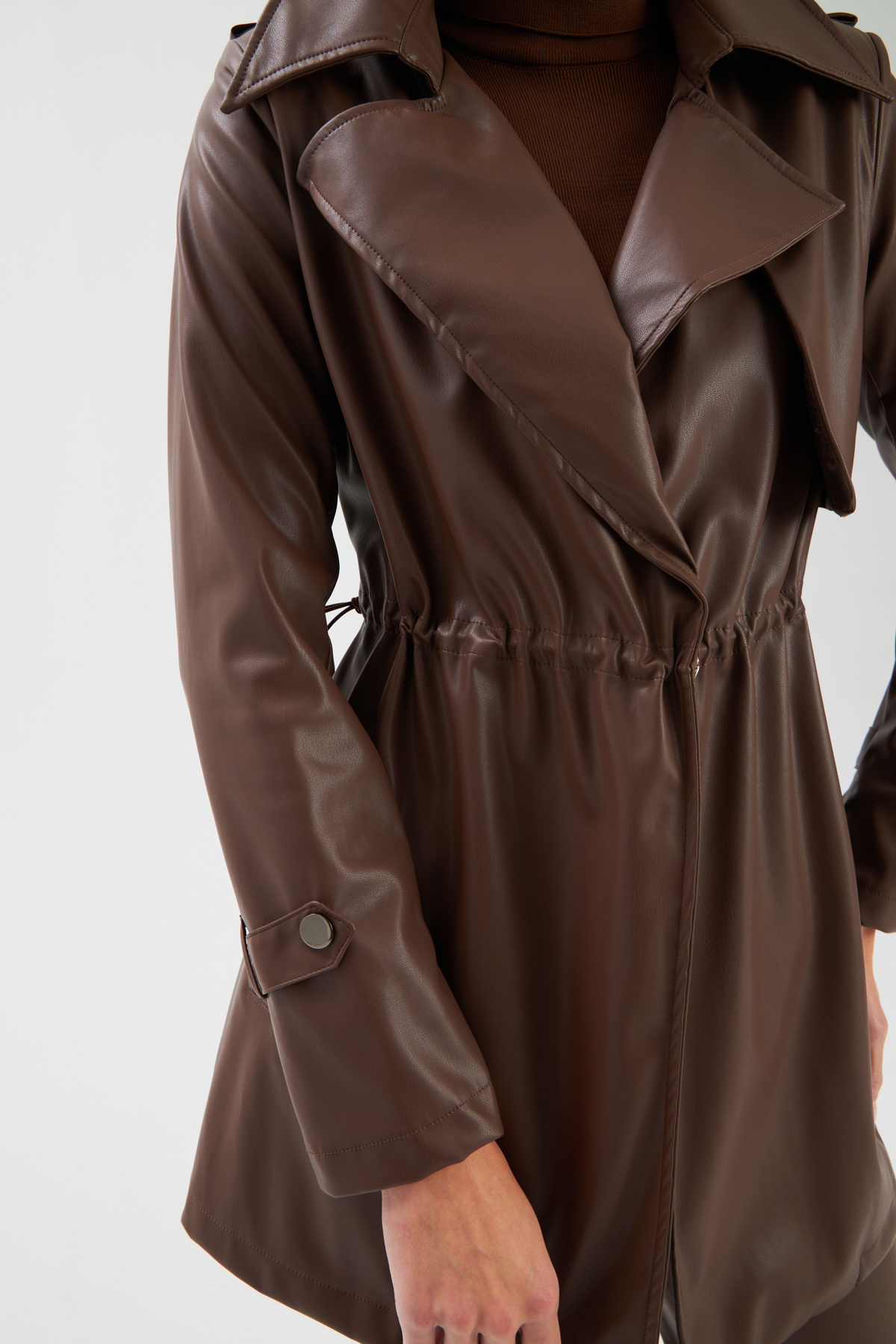 Leather jacket with ruffle detail - DARK COFFEE