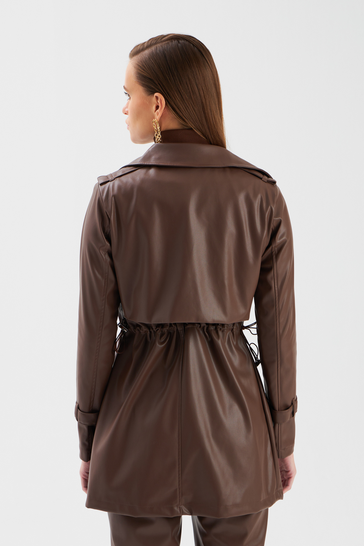 Leather jacket with ruffle detail - DARK COFFEE