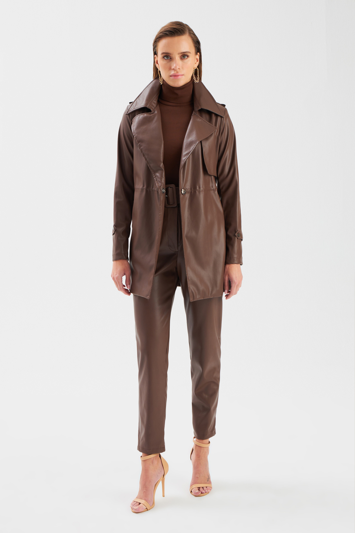 Leather jacket with ruffle detail - DARK COFFEE