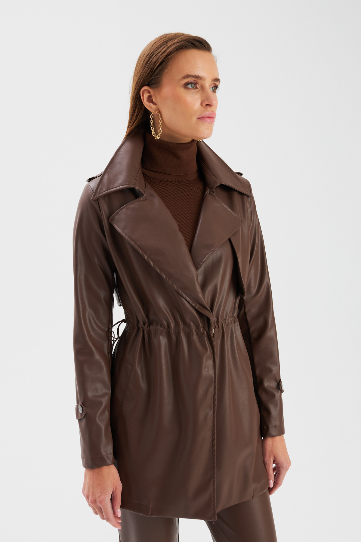Leather jacket with ruffle detail - DARK COFFEE