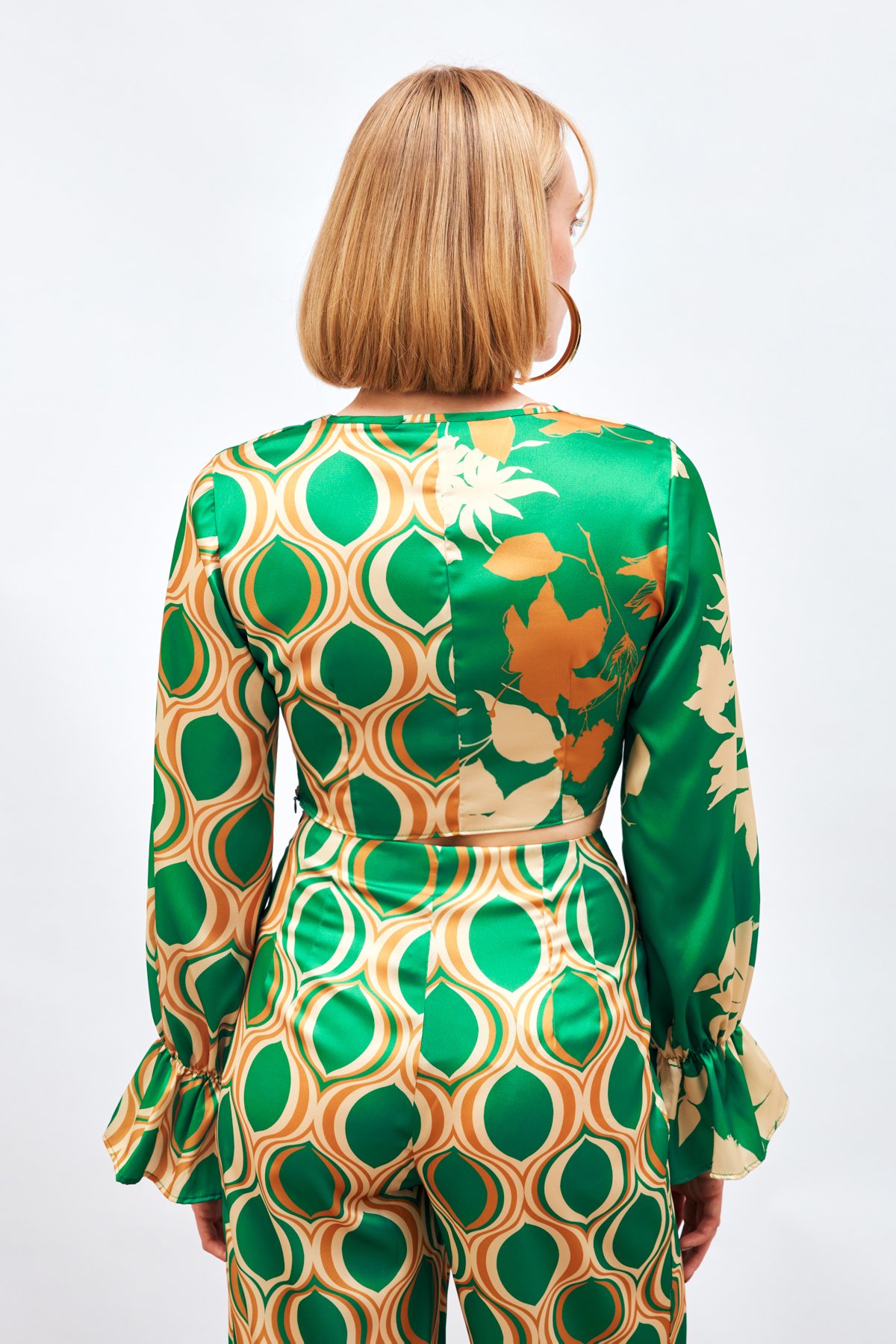 Büzgü Detaylı Desenli Bluz - YEŞİL