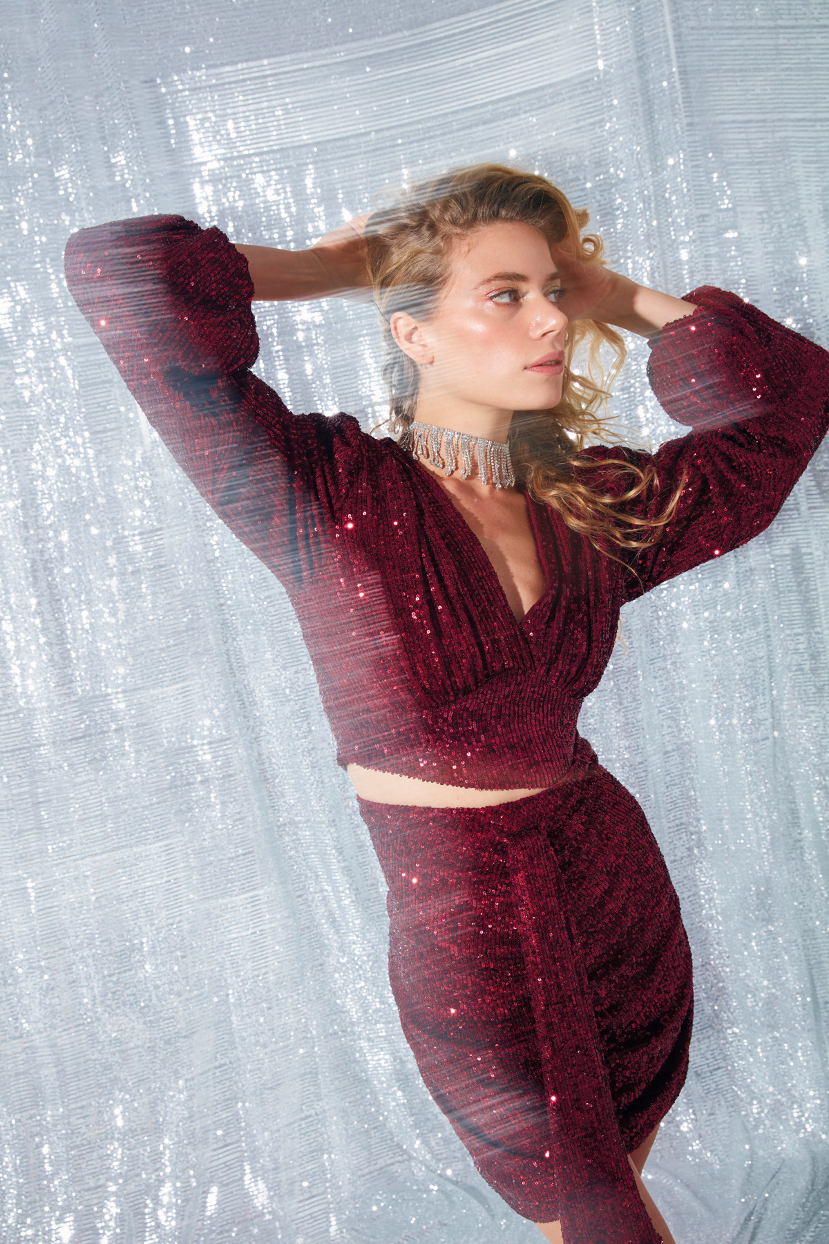 Büzgü Detaylı Payet Etek - BORDO