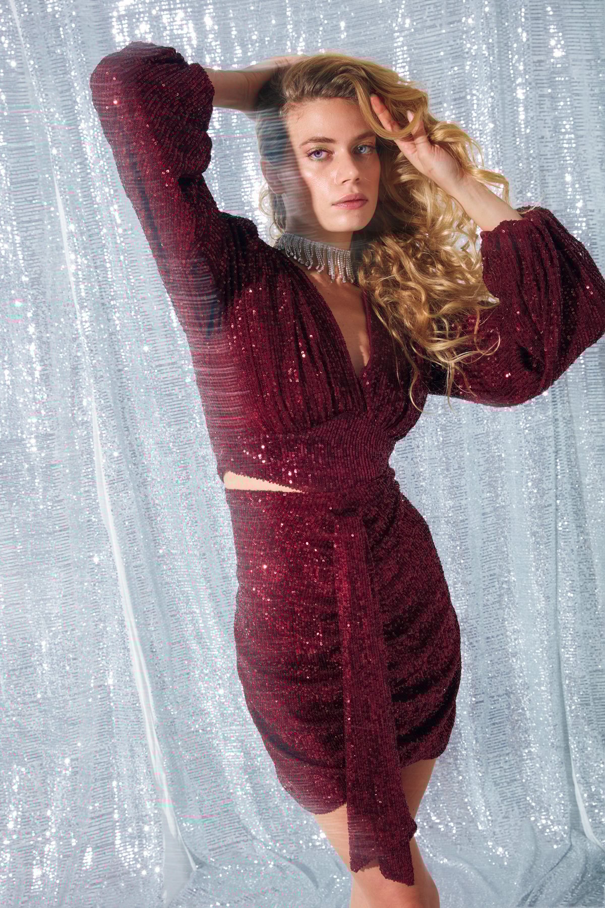 Büzgü Detaylı Payet Etek - BORDO