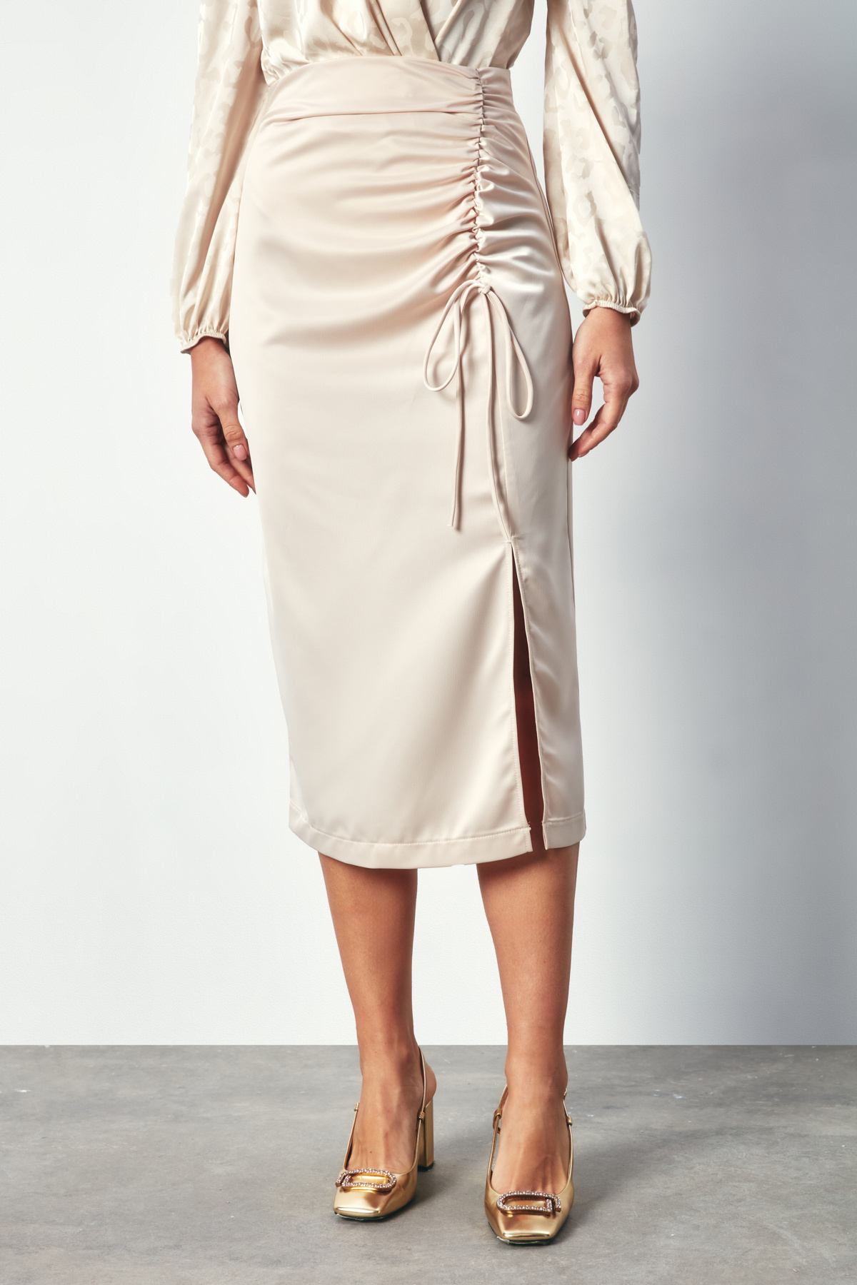 Ruffle Detailed Satin Skirt - BEIGE