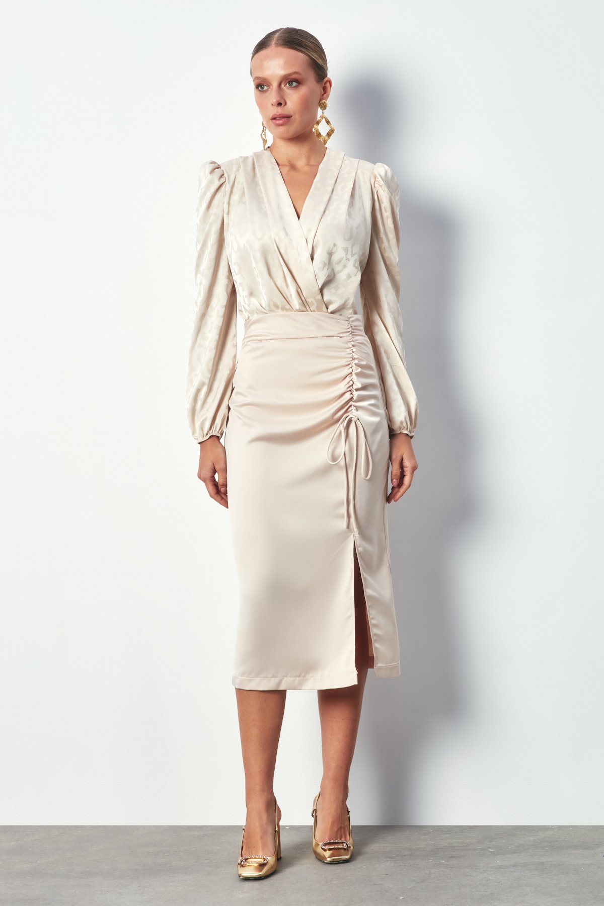 Ruffle Detailed Satin Skirt - BEIGE
