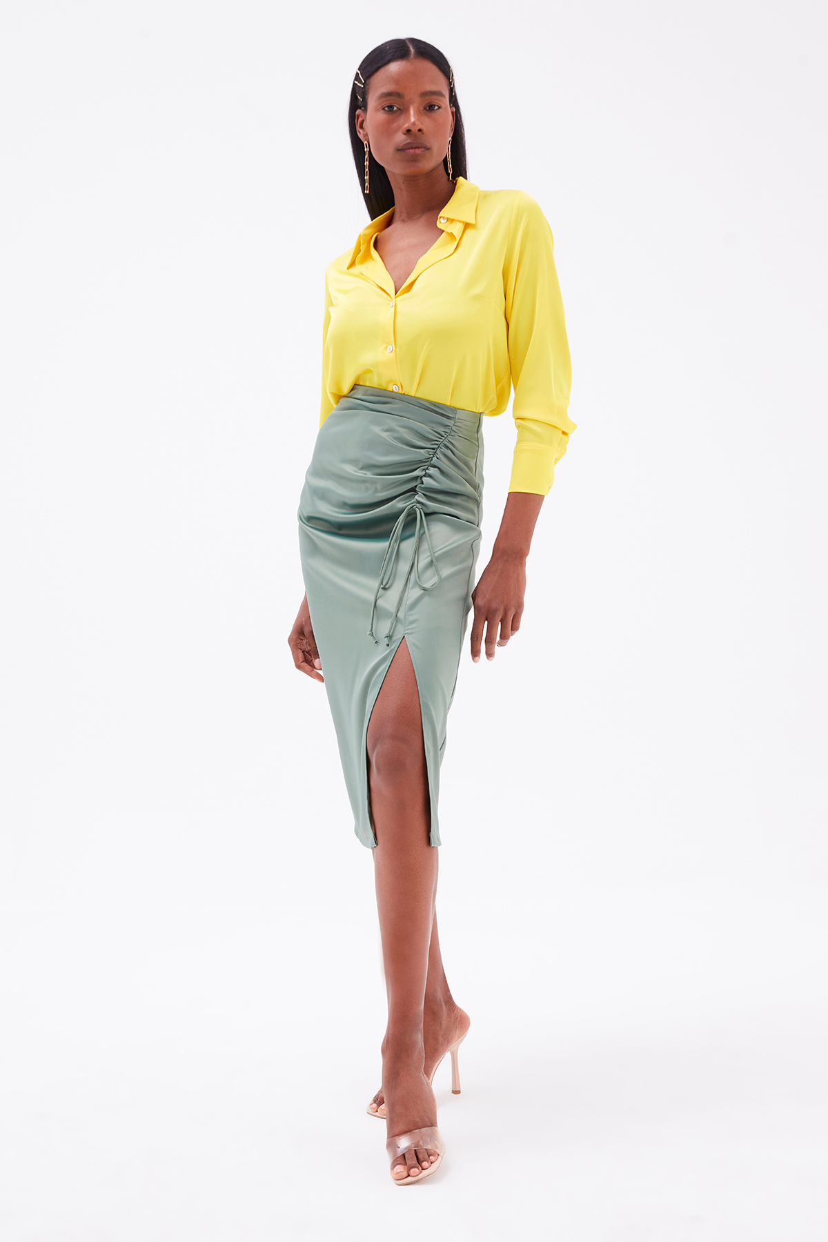 Büzgü Detaylı Saten Etek - ÇAĞLA YEŞİLİ