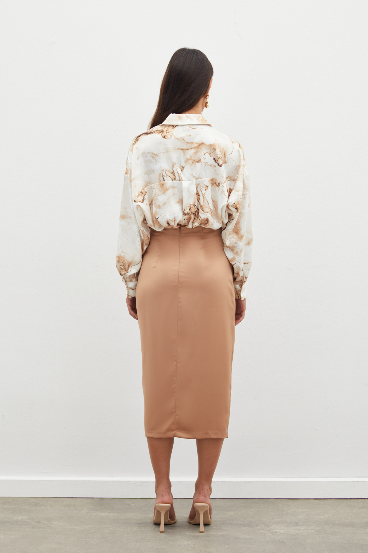 Büzgü Detaylı Saten Etek - CAMEL