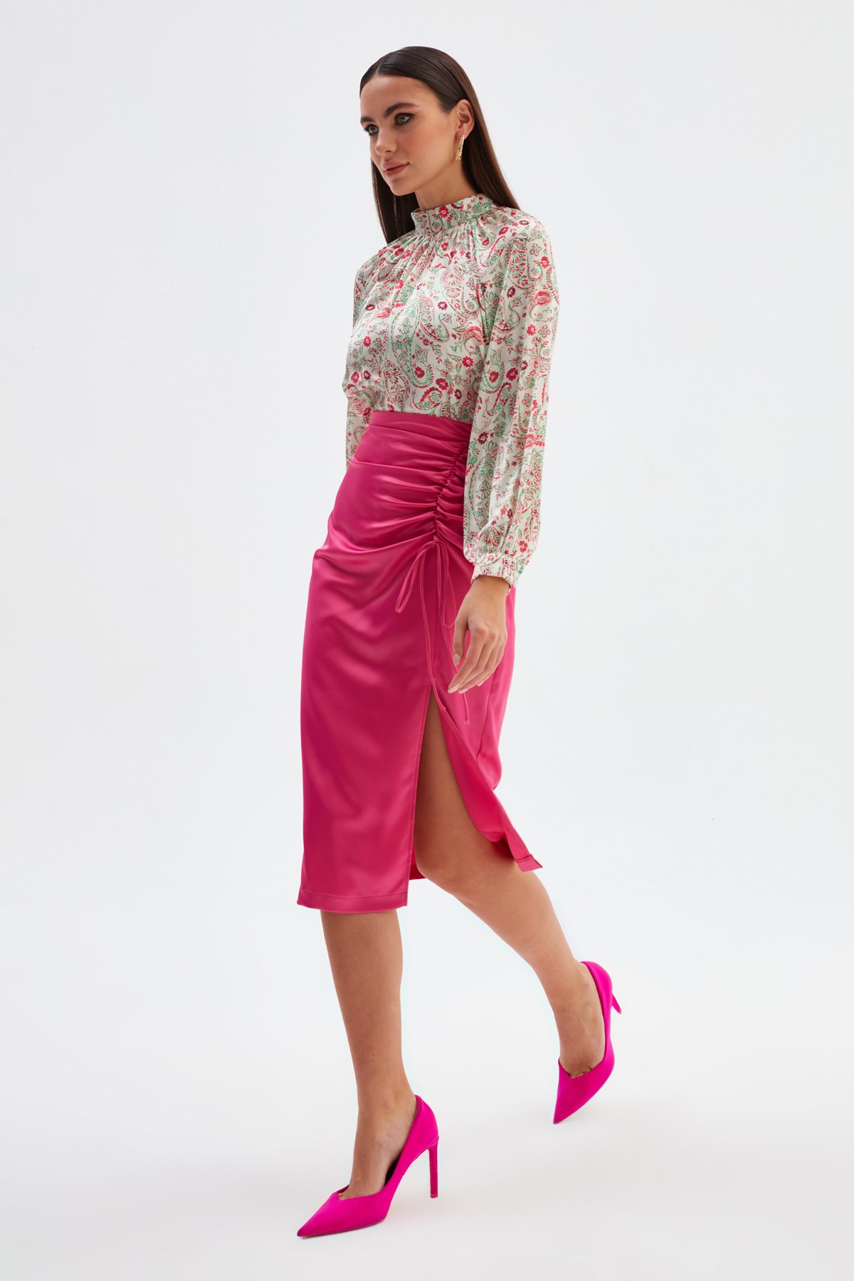 Büzgü Detaylı Saten Etek - FUŞYA