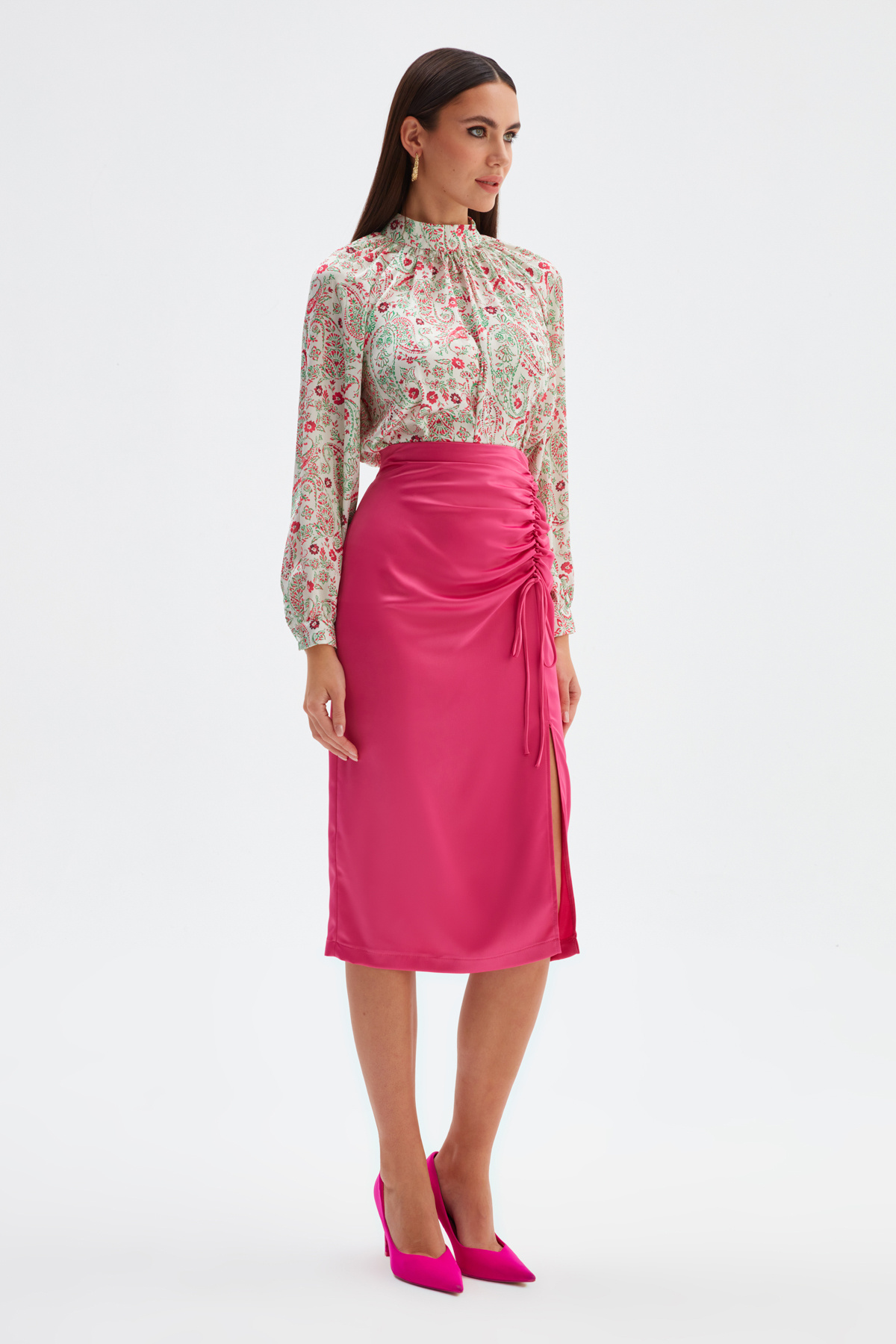 Büzgü Detaylı Saten Etek - FUŞYA