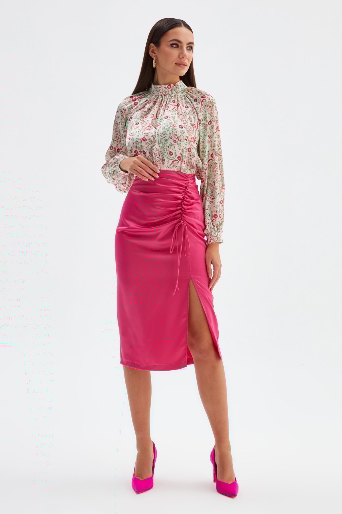 Büzgü Detaylı Saten Etek - FUŞYA