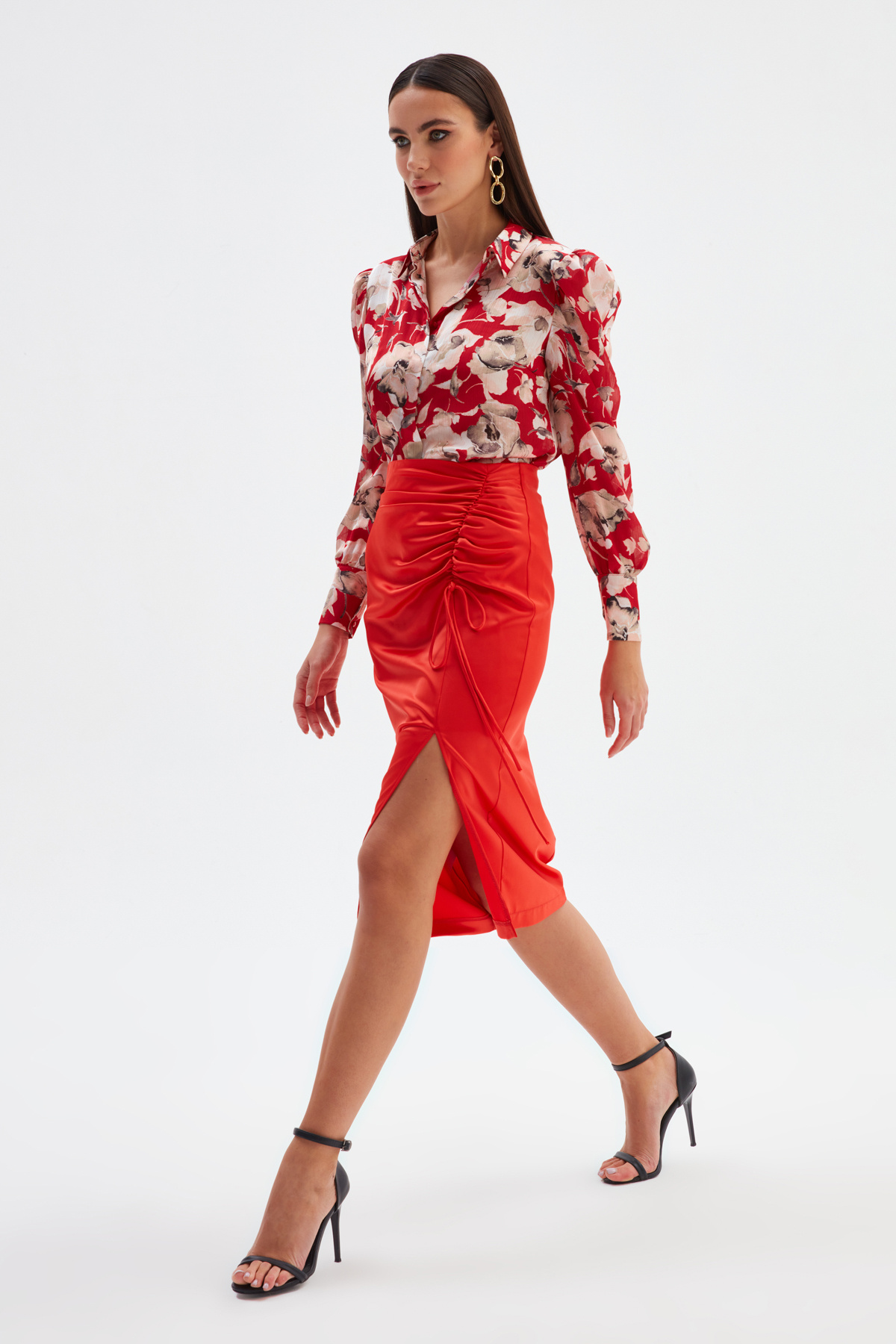 Büzgü Detaylı Saten Etek - MERCAN