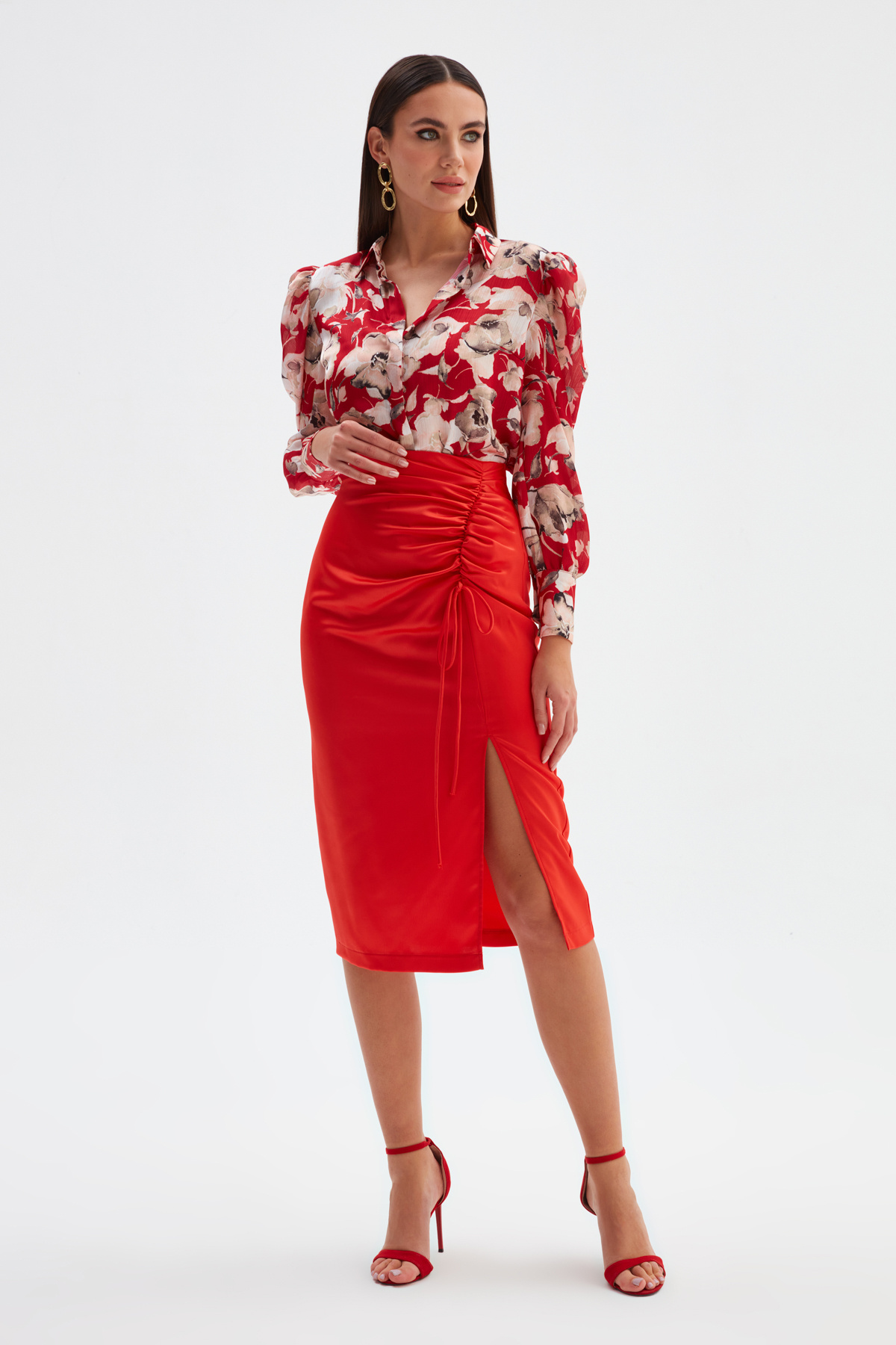 Büzgü Detaylı Saten Etek - MERCAN