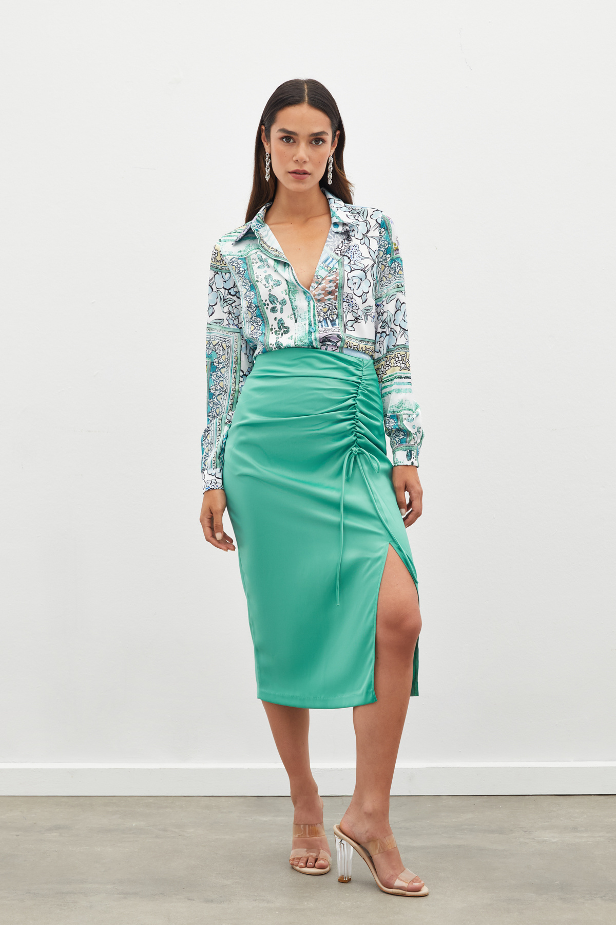 Ruffle Detailed Satin Skirt - MINT