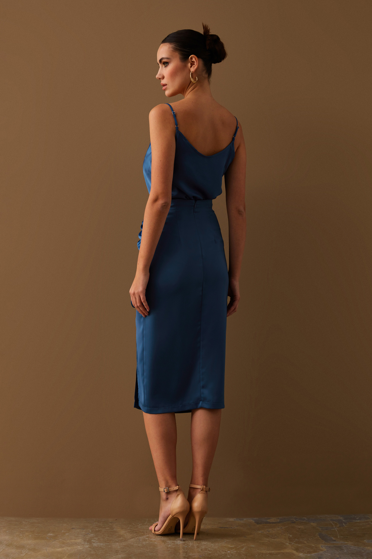 Büzgü Detaylı Saten Etek - SAX MAVİ